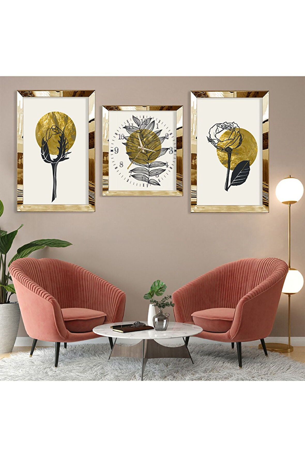 Minimalist Çiçek Soyut Desen Gold Pleksi Kenar Üçlü Mdf Tablo Seti