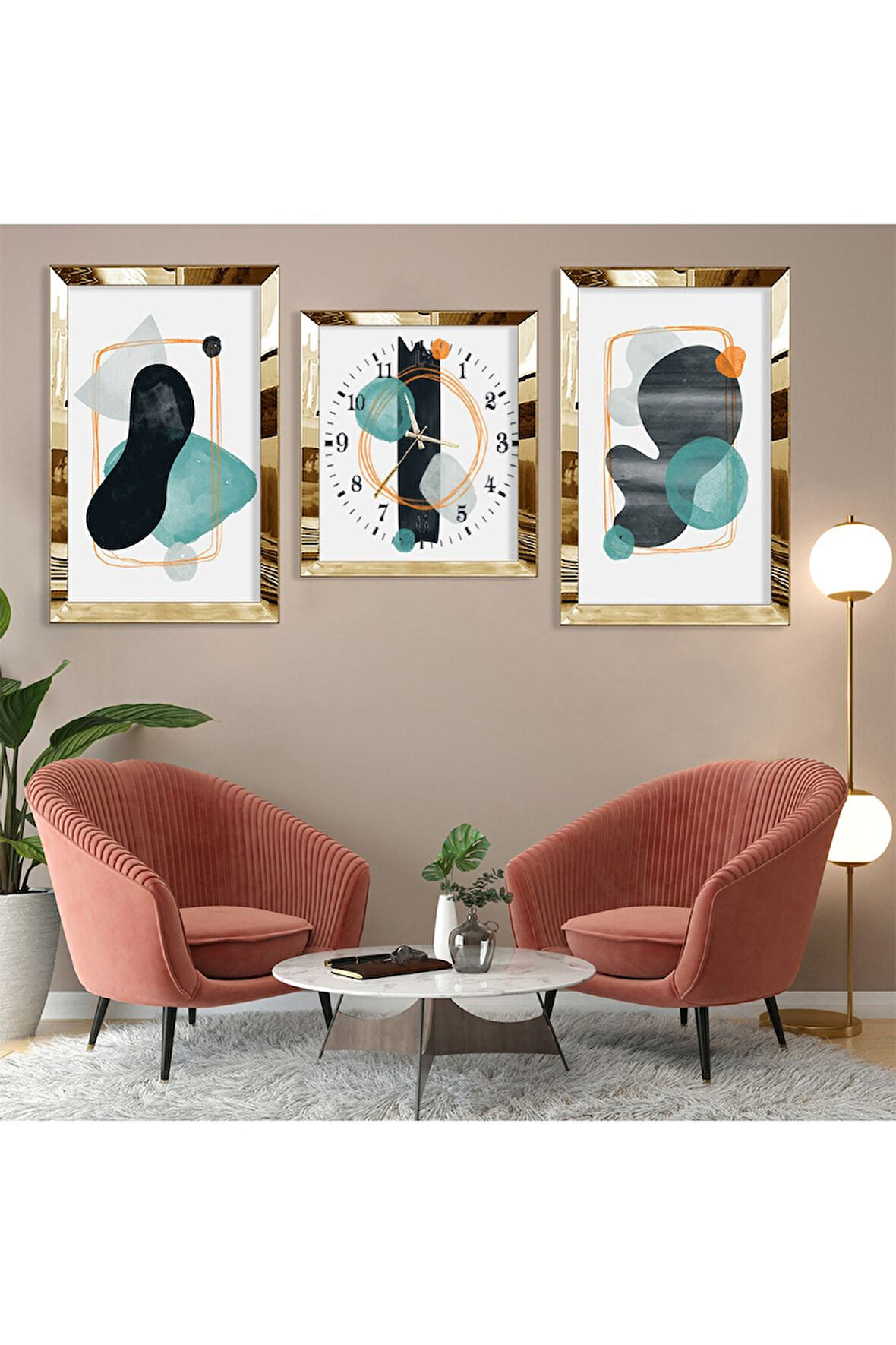 Soyut Desen Gold Pleksi Kenar Üçlü Mdf Tablo Seti