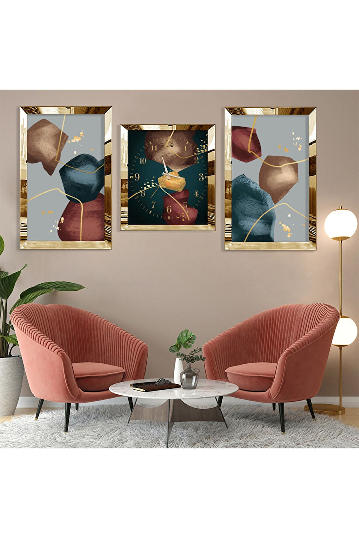 Soyut Desen Gold Pleksi Kenar Üçlü Mdf Tablo Seti