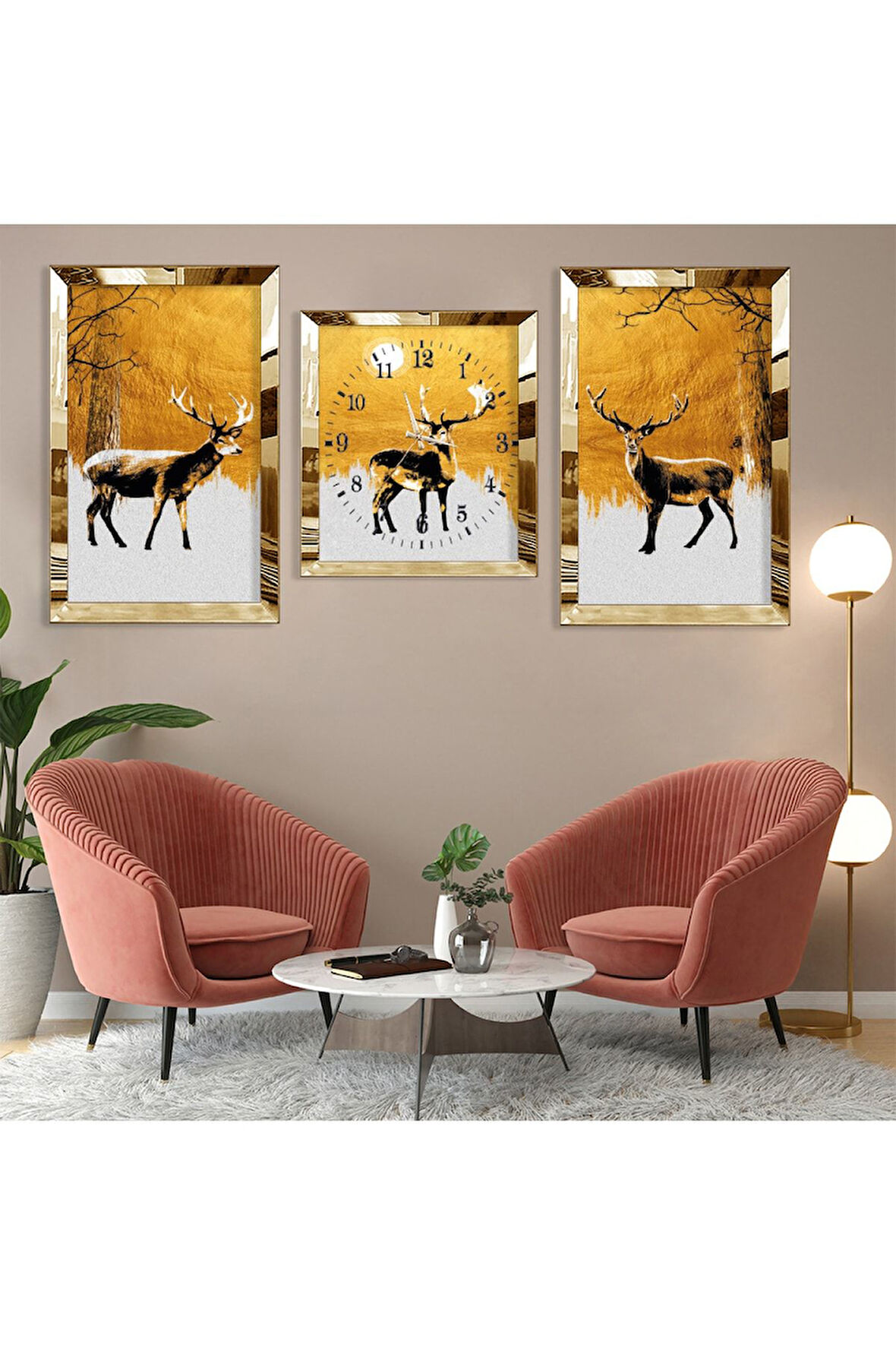 Geyik Soyut Desen Gold Pleksi Kenar Üçlü Mdf Tablo Seti