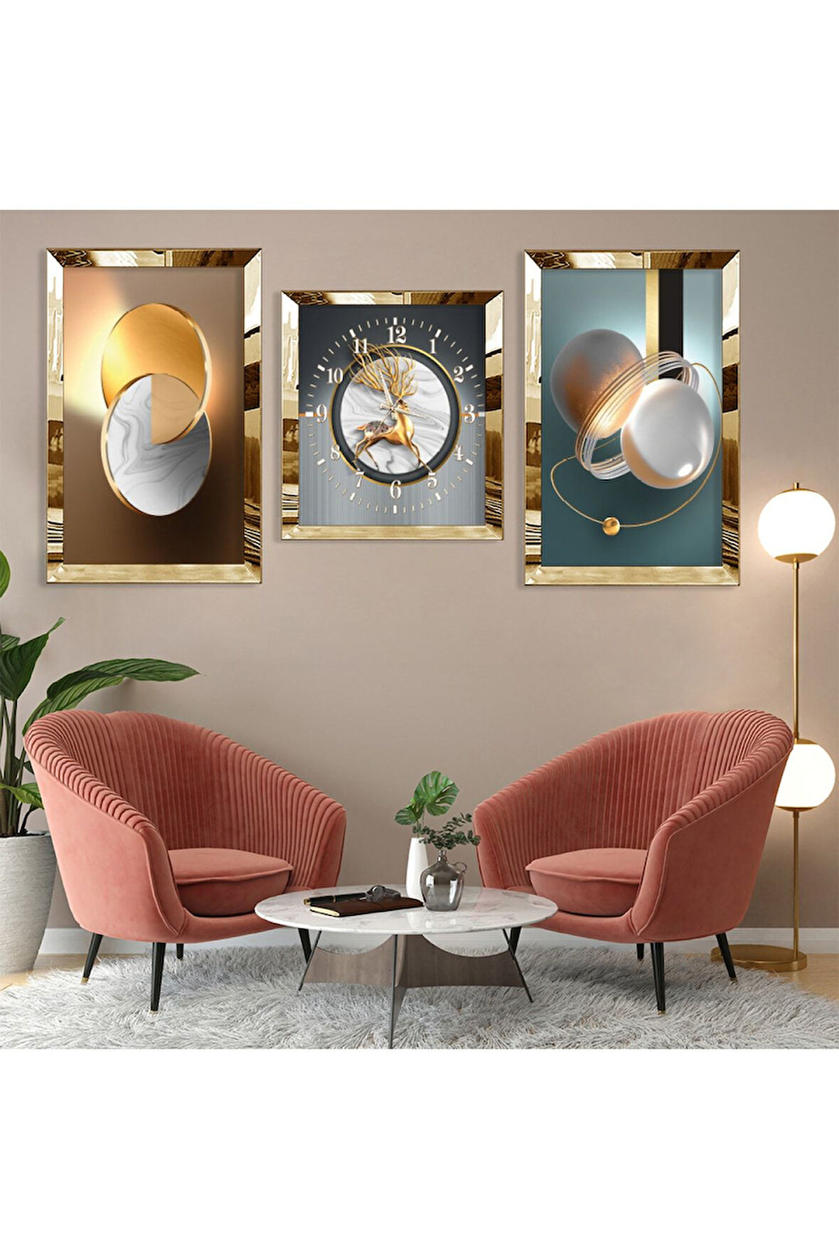 Geyik Soyut Desen Gold Pleksi Kenar Üçlü Mdf Tablo Seti