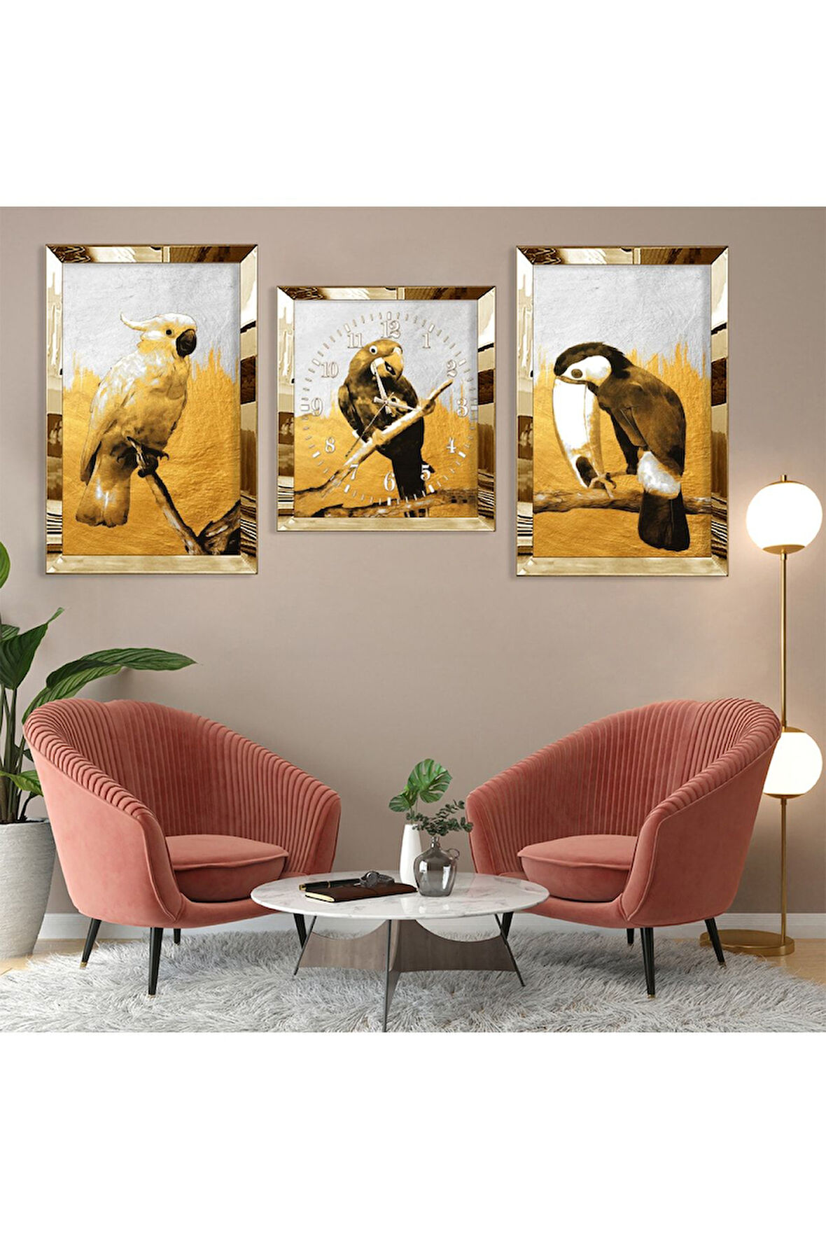Papağan Soyut Desen Gold Pleksi Kenar Üçlü Mdf Tablo Seti