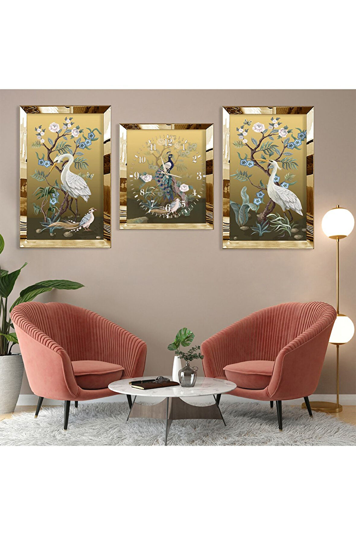 Tavus Kuşu Soyut Desen Gold Pleksi Kenar Üçlü Mdf Tablo Seti