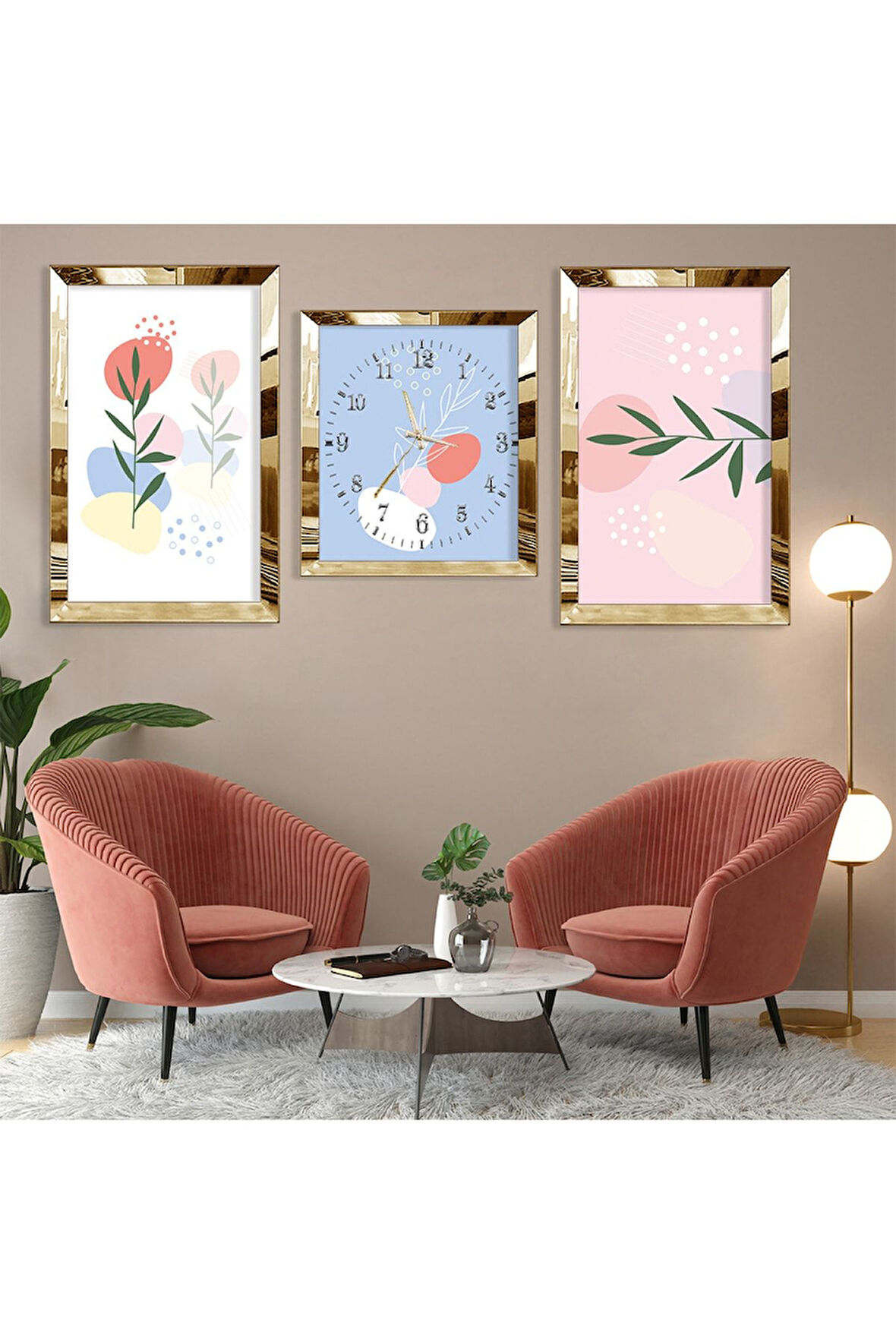 Minimalist Çiçek Soyut Desen Gold Pleksi Kenar Üçlü Mdf Tablo Seti
