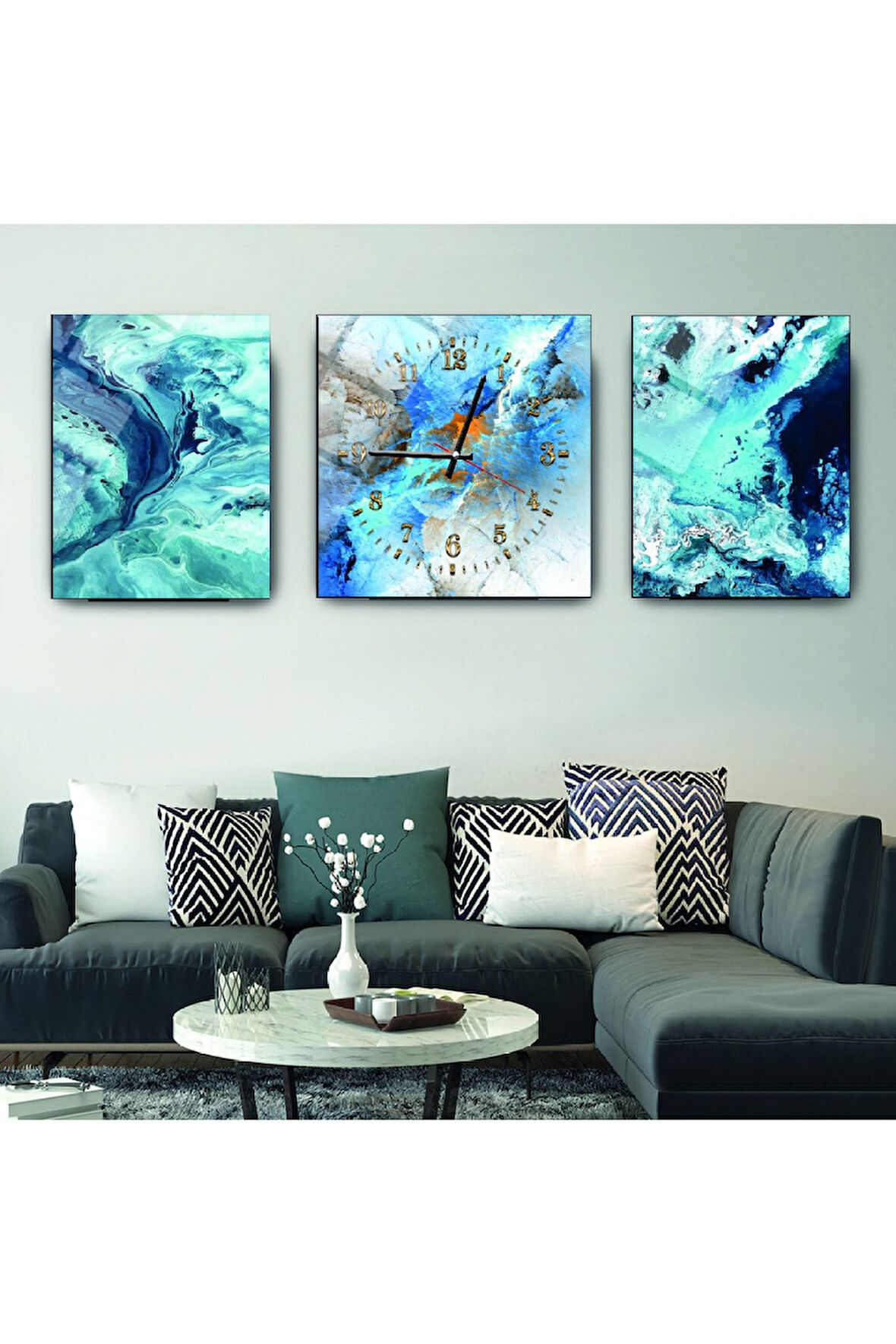 Mavi Taş Desenli Cam Tablo Ve Cam Saat