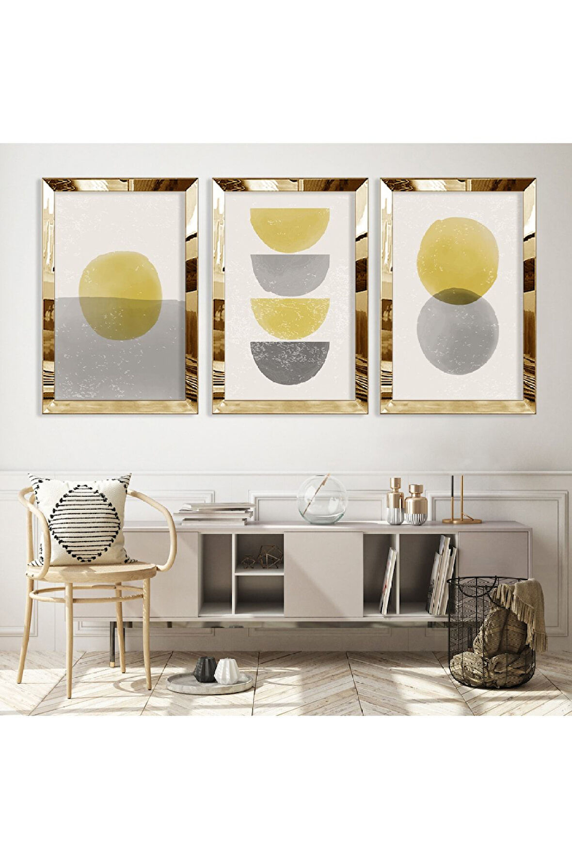 Şekiller Soyut Desen Gold Pleksi Kenar Üçlü Mdf Tablo Seti