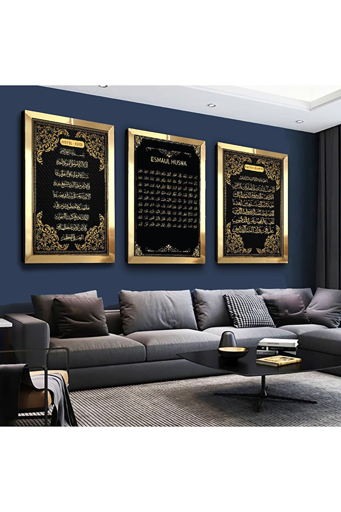 Gold Aynalı Pleksi Çerçeveli Esmaül Hüsna, Ayetel Kürsi, Fatiha Süresi Dini Üçlü Mdf Tablo Seti