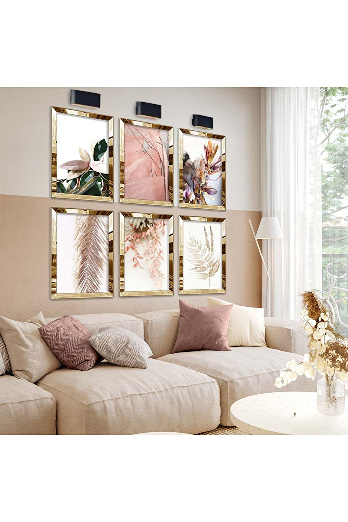 Gold Aynalı Pleksi Çerçeveli Modern Çizim Yaprak Ve Gül Desen Altılı Mdf Tablo Seti