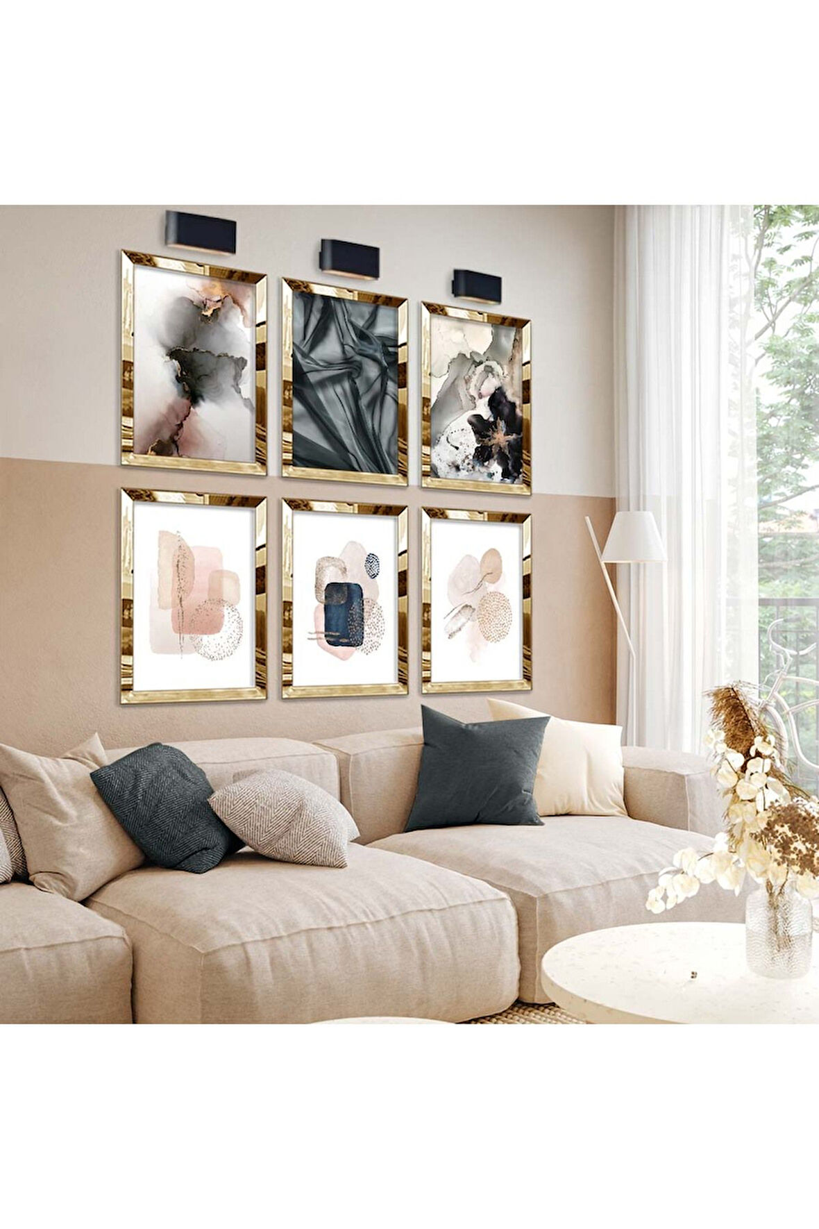 Gold Aynalı Pleksi Çerçeveli Soyut Siyah Kumaş Tema Modern Çizim Altılı Mdf Tablo Seti