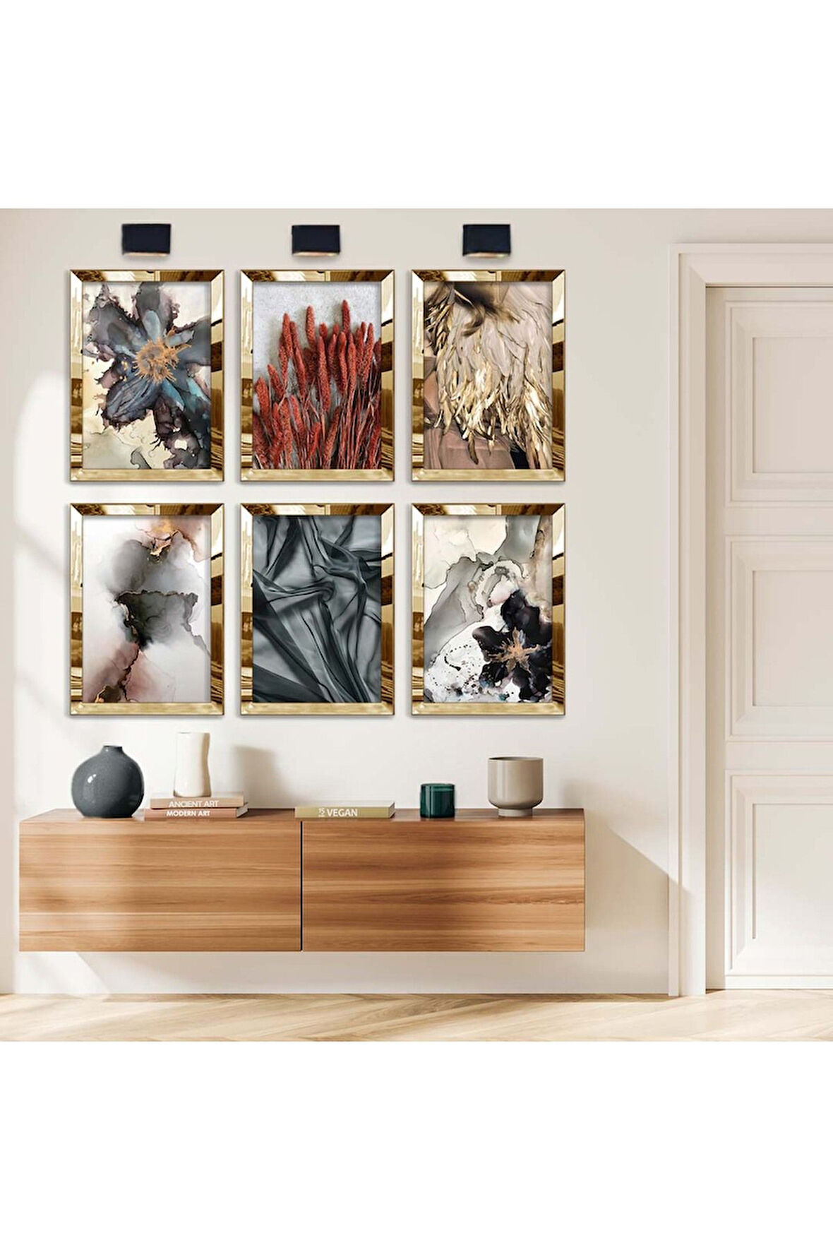 Gümüş Aynalı Pleksi Çerçeveli Modern Çizim Çiçek Ve Dallar Altılı Mdf Tablo Seti