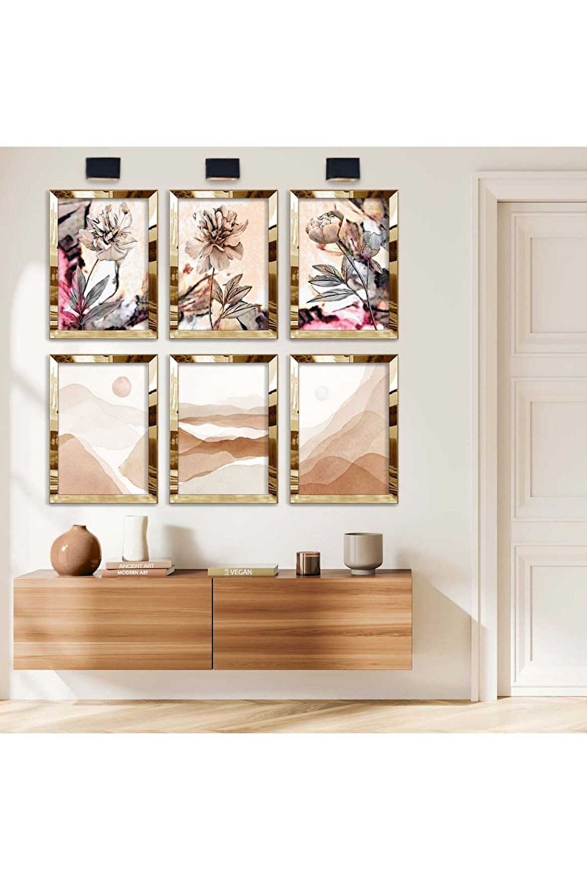 Gümüş Aynalı Pleksi Çerçeveli Kolaj Çizim Ve Çiçek Görsel Altılı Mdf Tablo Seti