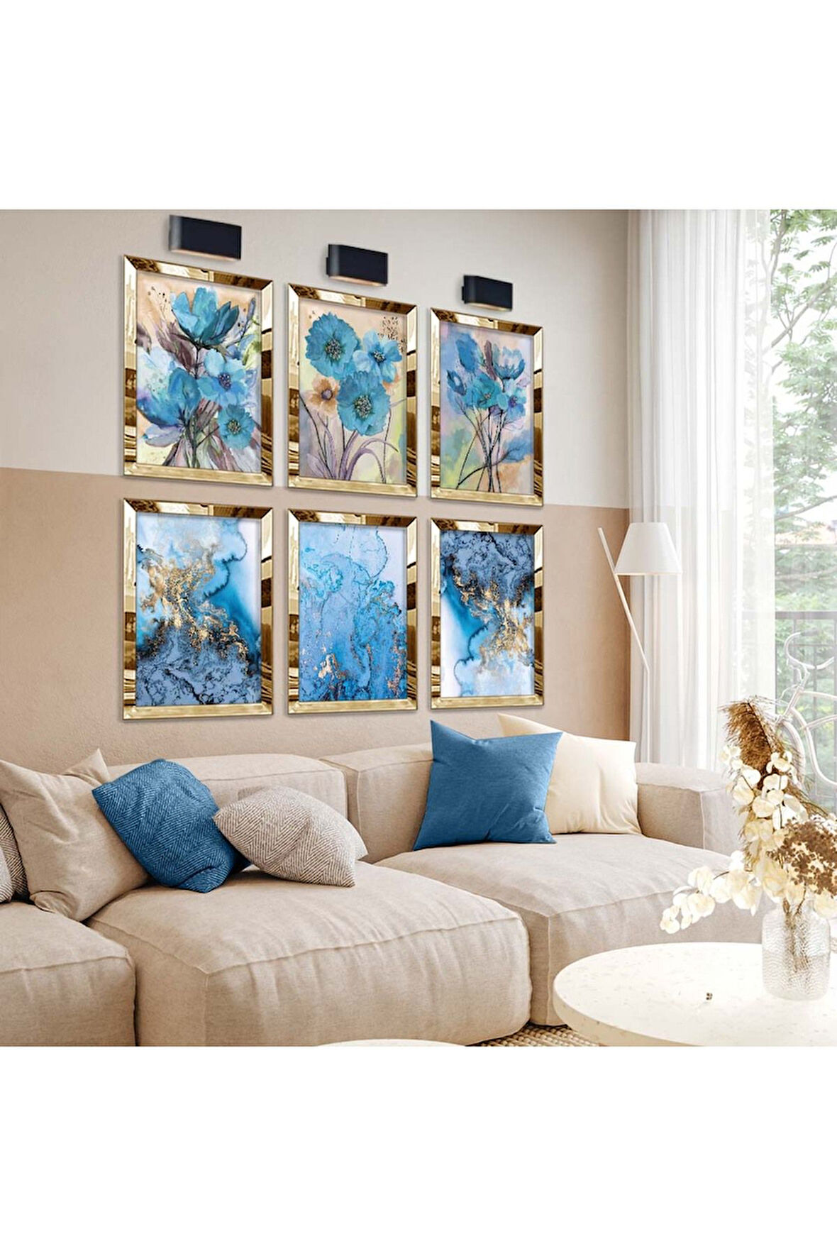 Gold Aynalı Pleksi Çerçeveli Modern Çizim Ve Mavi Çiçek Altılı Mdf Tablo Seti