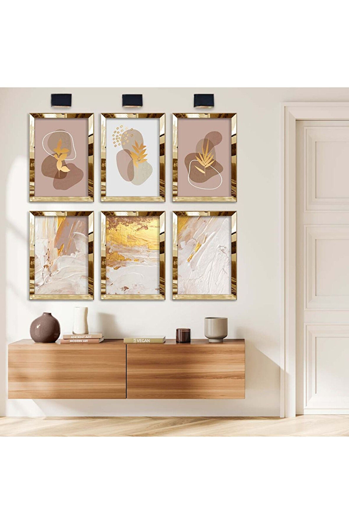 Gümüş Aynalı Pleksi Çerçeveli Soyut Çizim Modern Tema Altılı Mdf Tablo Seti