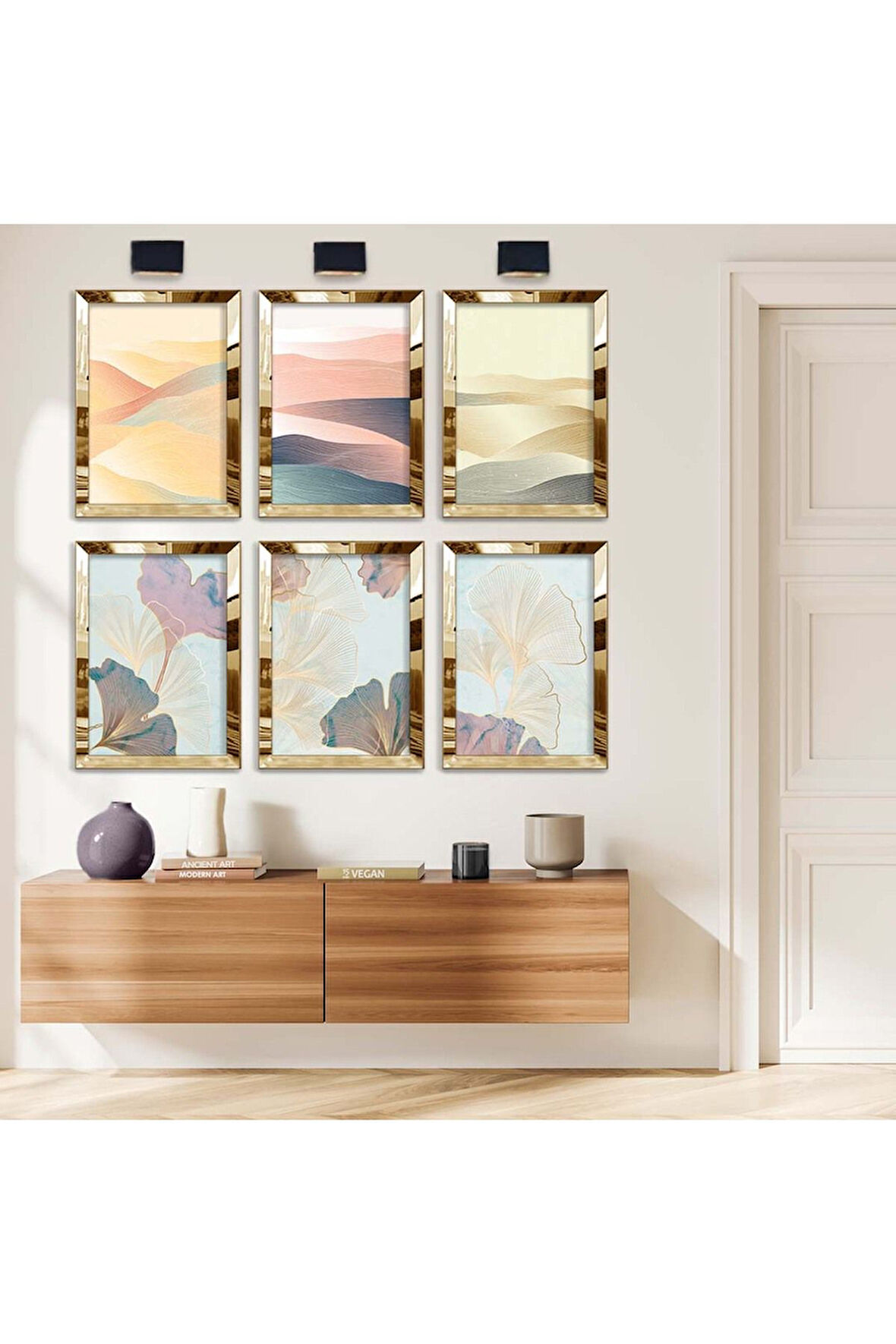 Gümüş Aynalı Pleksi Çerçeveli Çiçek Figür Natürel Tema Altılı Mdf Tablo Seti