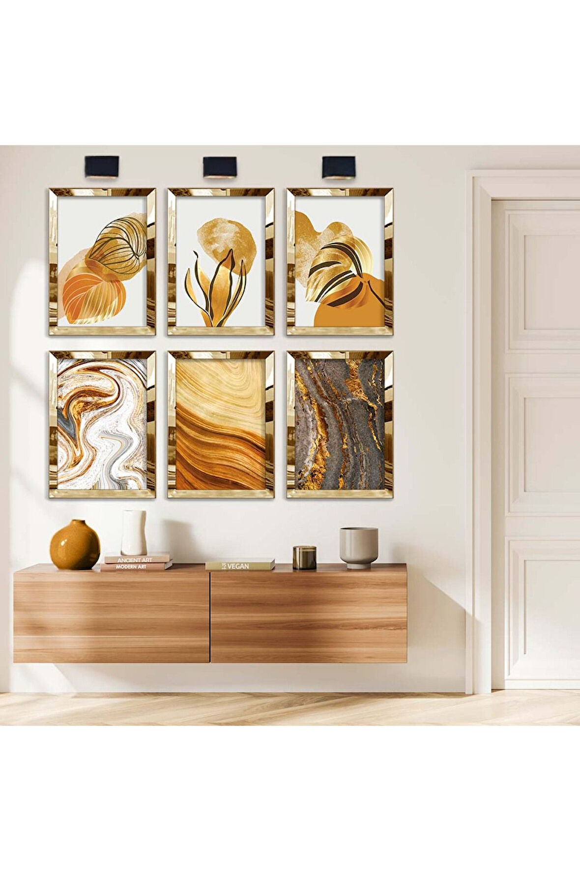 Gümüş Aynalı Pleksi Çerçeveli Soyut Çizim Gold Çiçek Desen Altılı Mdf Tablo Seti