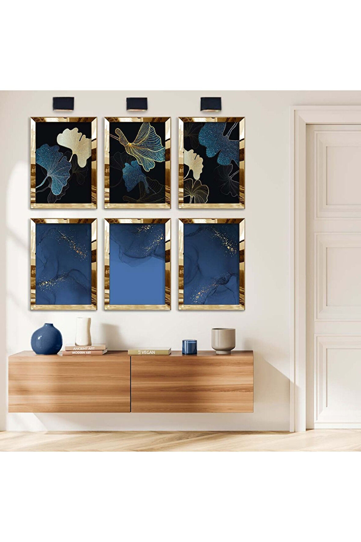 Gümüş Aynalı Pleksi Çerçeveli Mavi Çiçek Ve Soyut Tema Altılı Mdf Tablo Seti