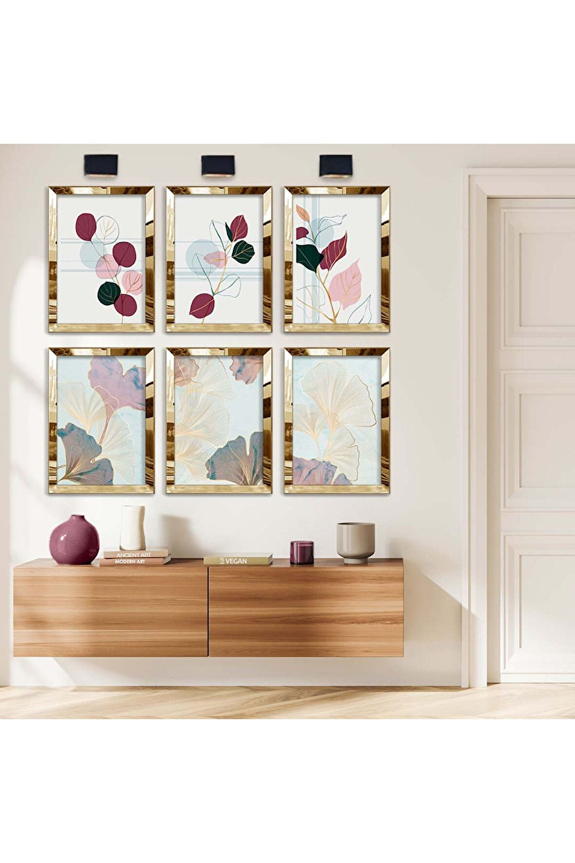 Gümüş Aynalı Pleksi Çerçeveli Natürel Desen Çiçek Altılı Mdf Tablo Seti