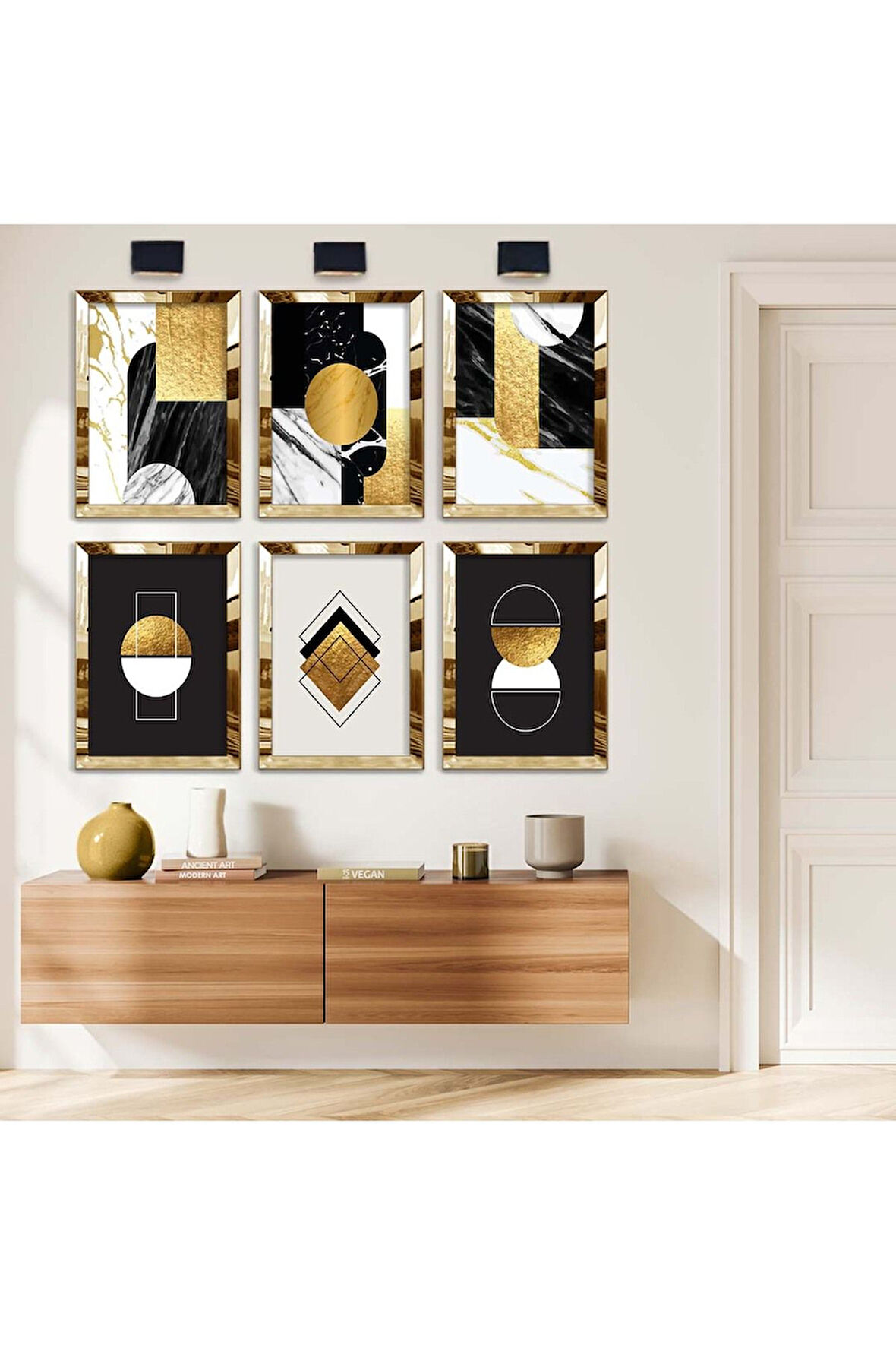 Gümüş Aynalı Pleksi Çerçeveli Geometrik Desen Altılı Mdf Tablo Seti