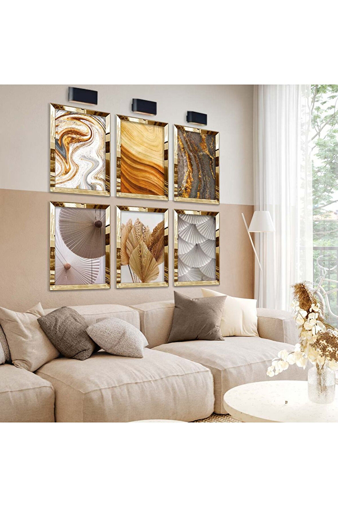 Gold Aynalı Pleksi Çerçeveli Modern Çizim Natürel Tema Altılı Mdf Tablo Seti