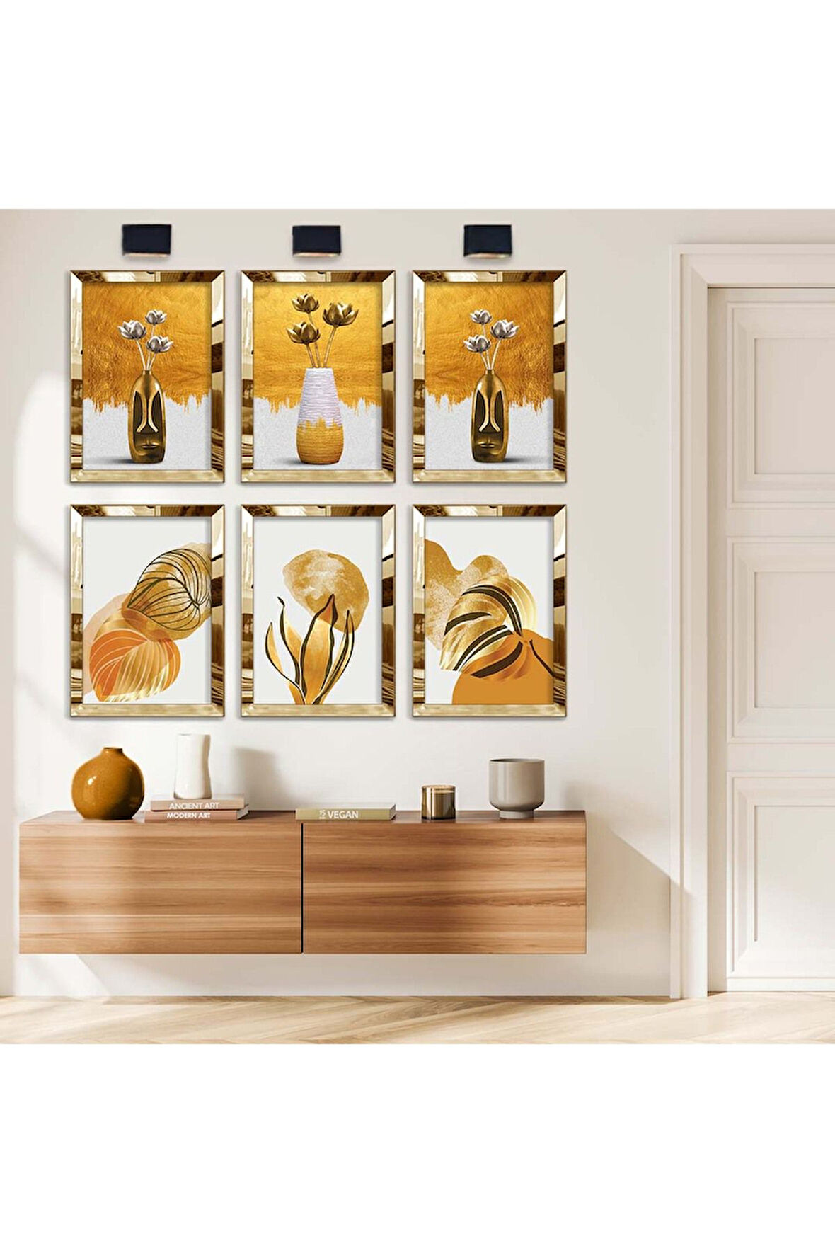 Gümüş Aynalı Pleksi Çerçeveli Vazodaki Çiçekler Ve Yaprak Desen Altılı Mdf Tablo Seti