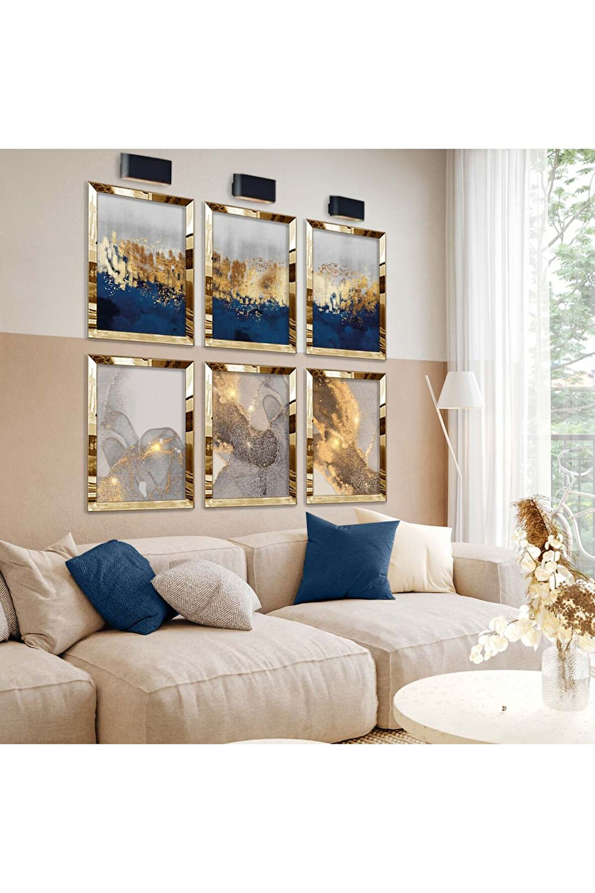 Gold Aynalı Pleksi Çerçeveli Kolaj Çizim Mavi Gri Modern Tema Altılı Mdf Tablo Seti