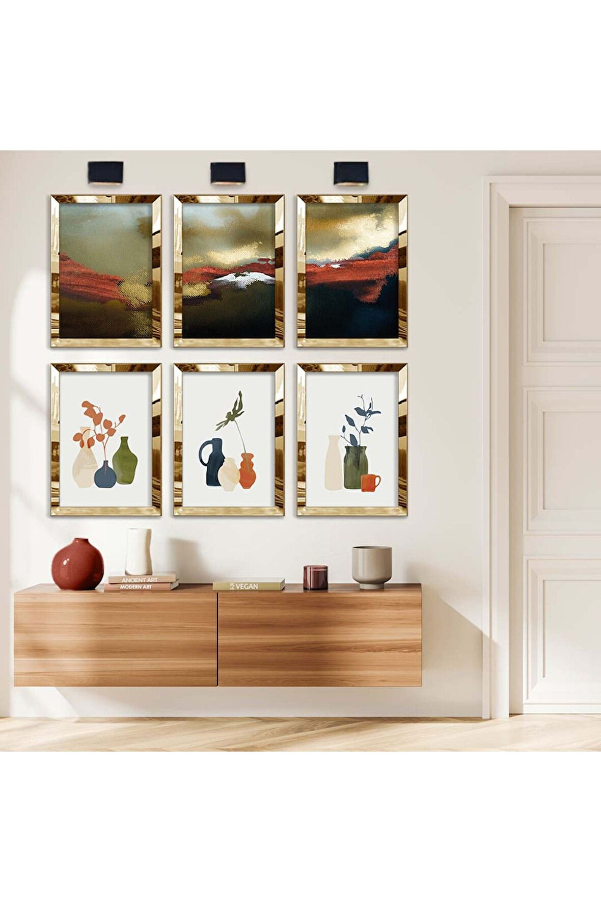 Gümüş Aynalı Pleksi Çerçeveli Vazodaki Çiçekler Ve Soyut Tema Altılı Mdf Tablo Seti