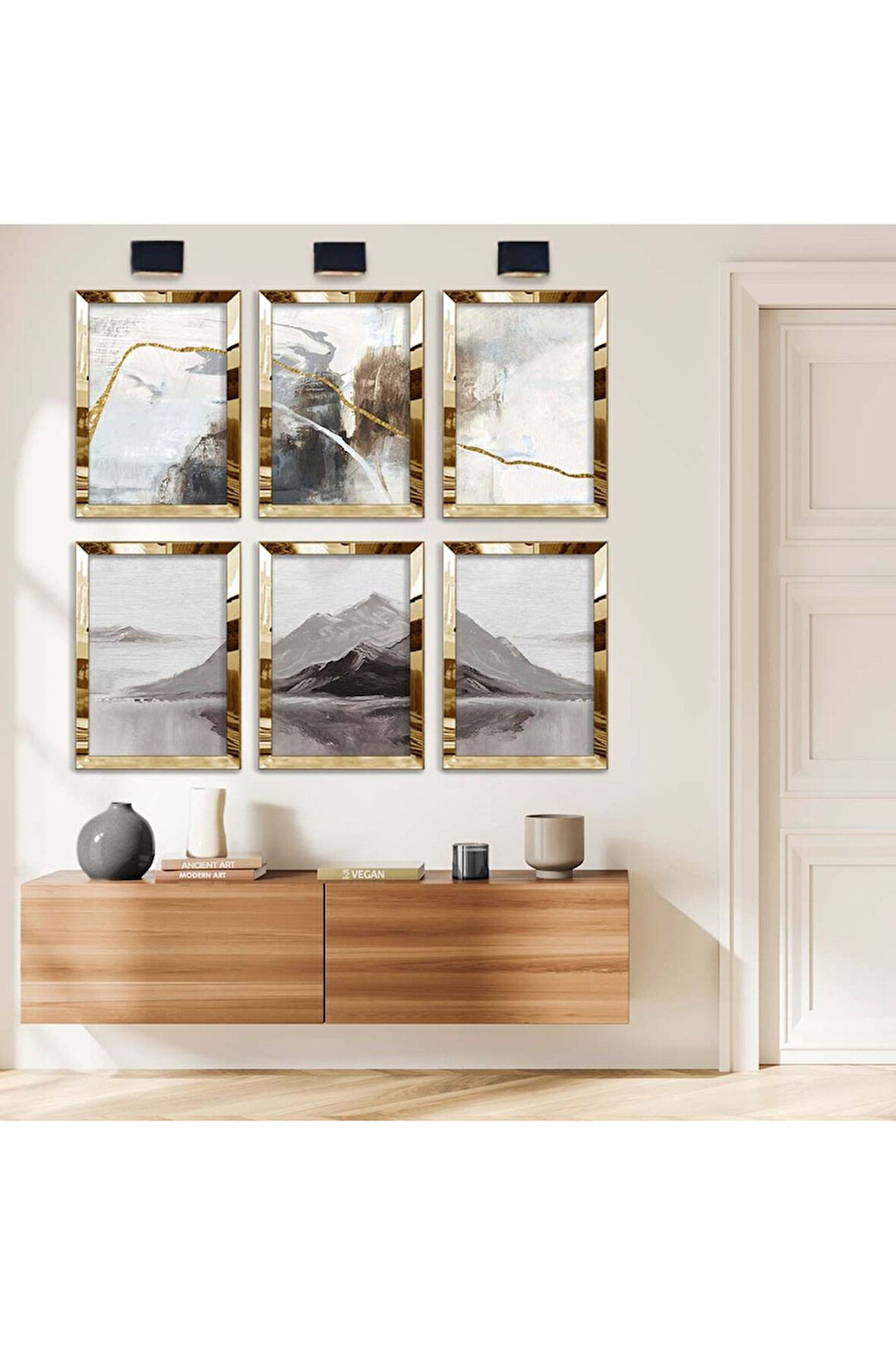 Gümüş Aynalı Pleksi Çerçeveli Dağ Figür Ve Soyut Tema Altılı Mdf Tablo Seti