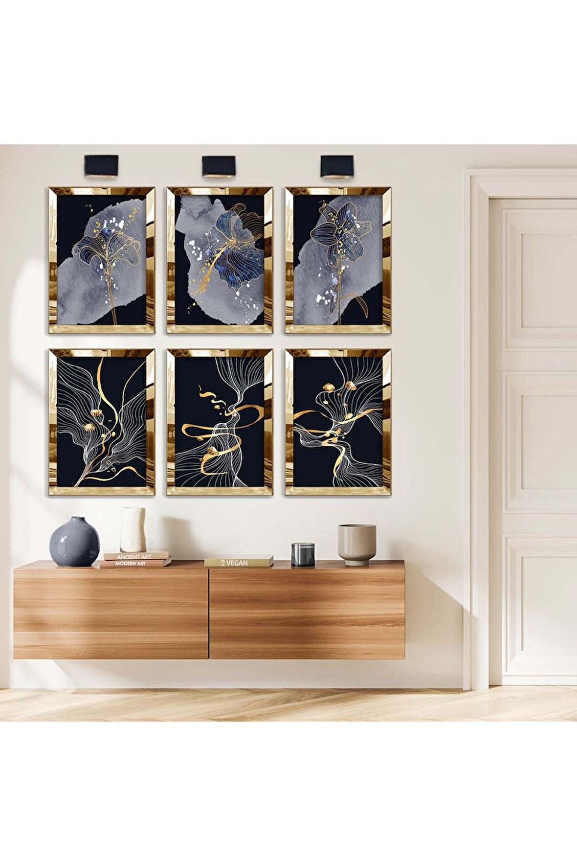 Gümüş Aynalı Pleksi Çerçeveli Modern Çizim Çiçek Ve Soyut Tema Altılı Mdf Tablo Seti