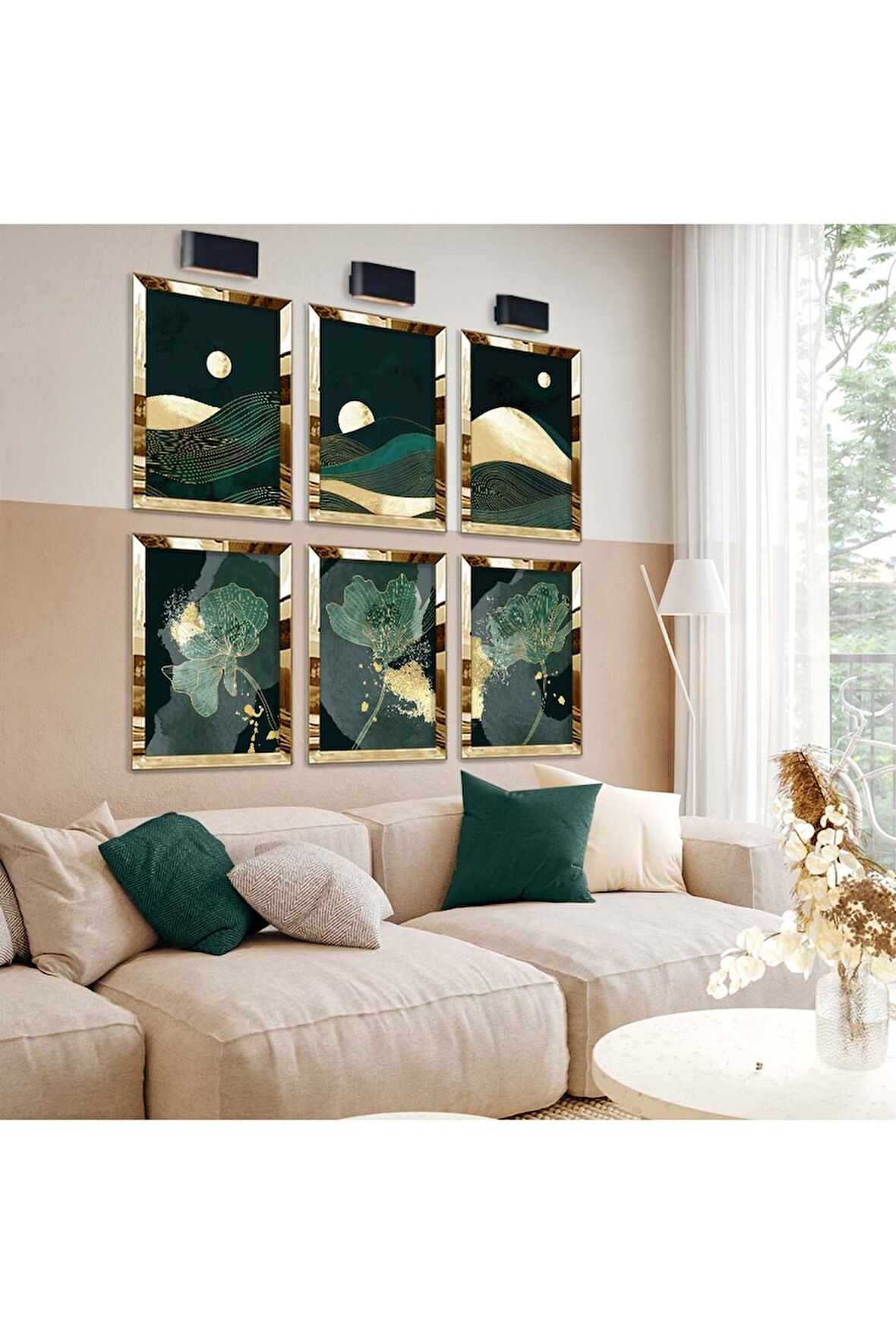 Gold Aynalı Pleksi Çerçeveli Dağ Çizim Ve Çiçek Desen Altılı Mdf Tablo Seti