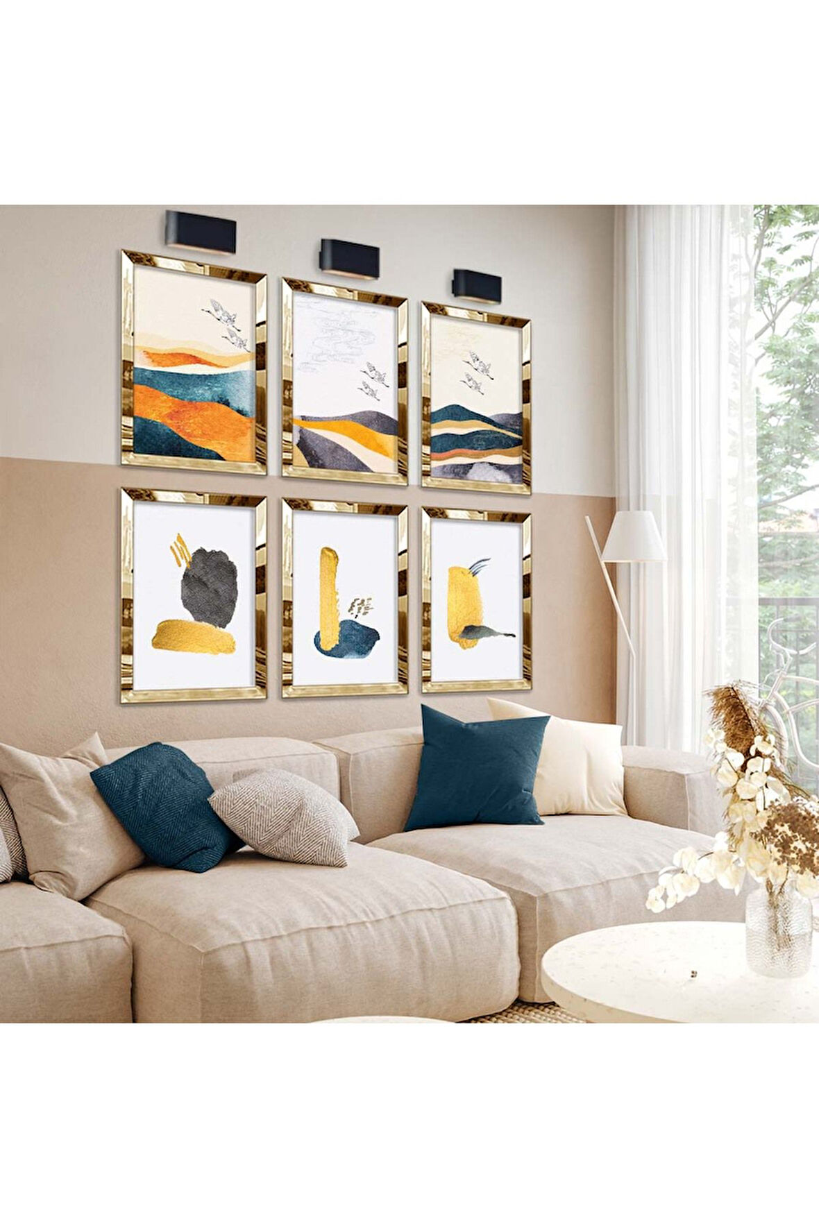 Gold Aynalı Pleksi Çerçeveli Modern Çizim Kuş Figür Altılı Mdf Tablo Seti