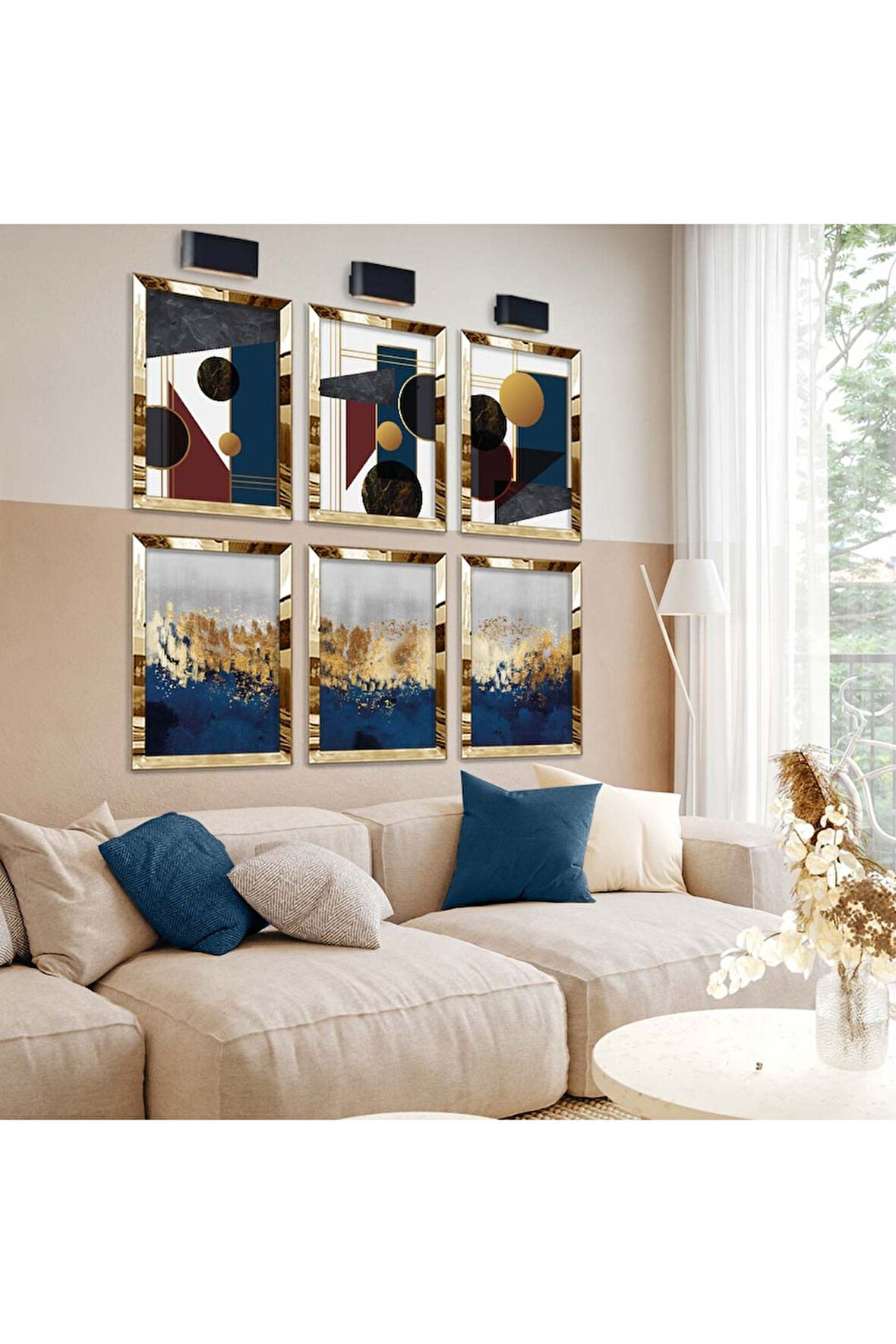 Gold Aynalı Pleksi Çerçeveli Geometrik Çizim Soyut Tema Altılı Mdf Tablo Seti