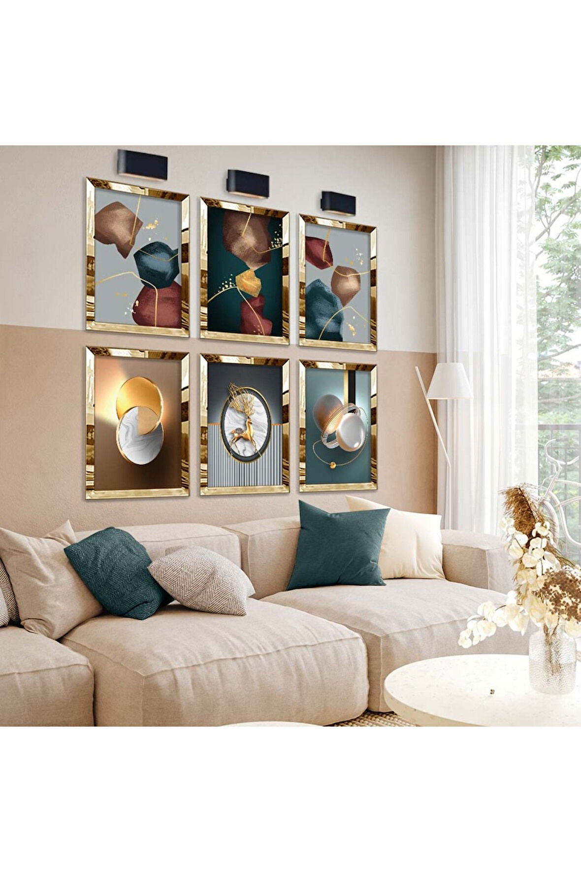 Gold Aynalı Pleksi Çerçeveli Modern Tema Ve Geometrik Çizim Altılı Mdf Tablo Seti