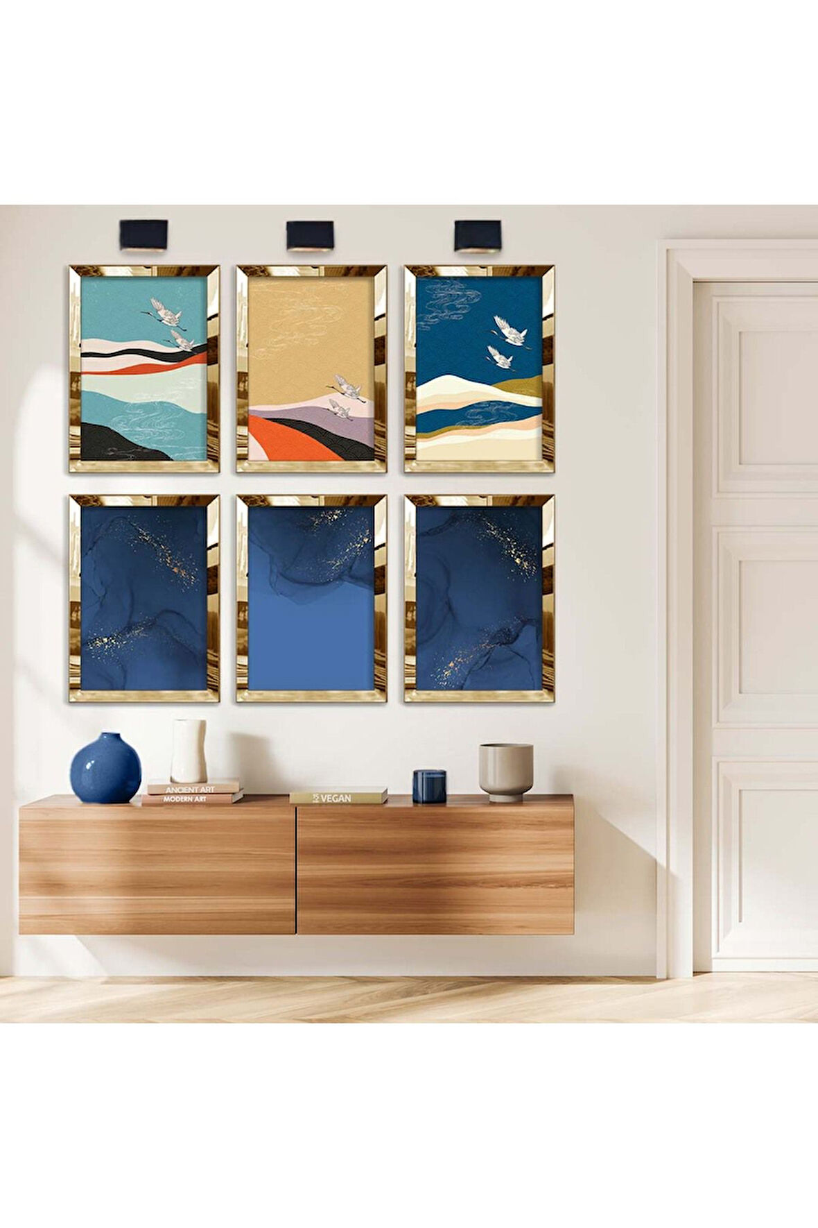 Gümüş Aynalı Pleksi Çerçeveli Kuş Figür Soyut Tema Altılı Mdf Tablo Seti