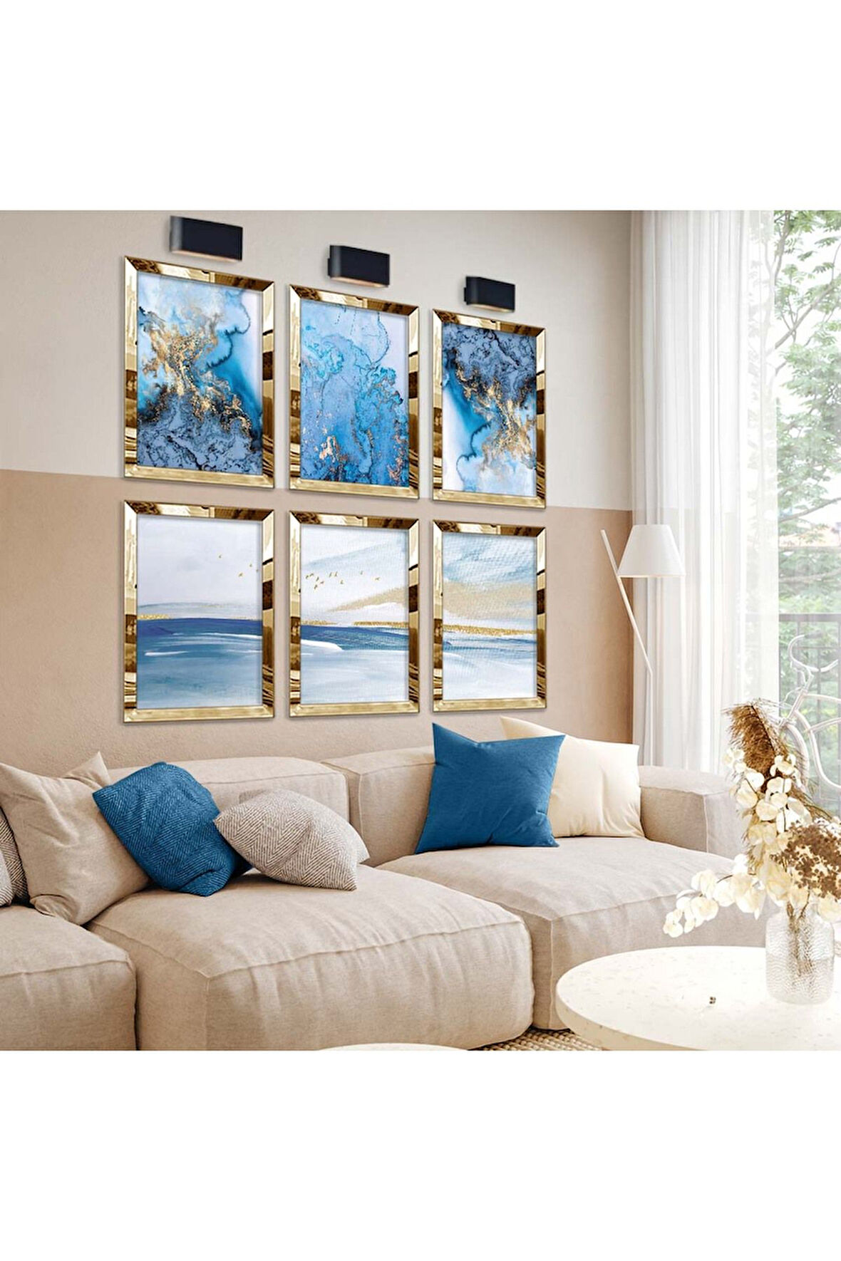 Gold Aynalı Pleksi Çerçeveli Soyut Çizim Mavi Tema Altılı Mdf Tablo Seti