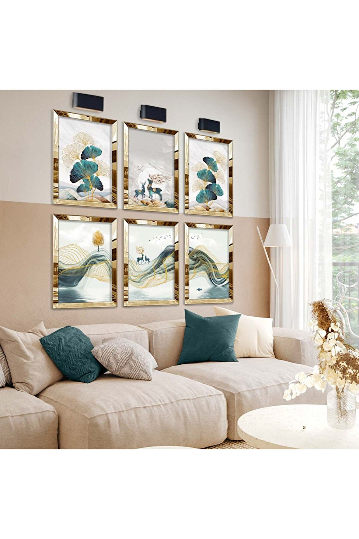 Gold Aynalı Pleksi Çerçeveli Modern Çizim Doğa Tema Altılı Mdf Tablo Seti
