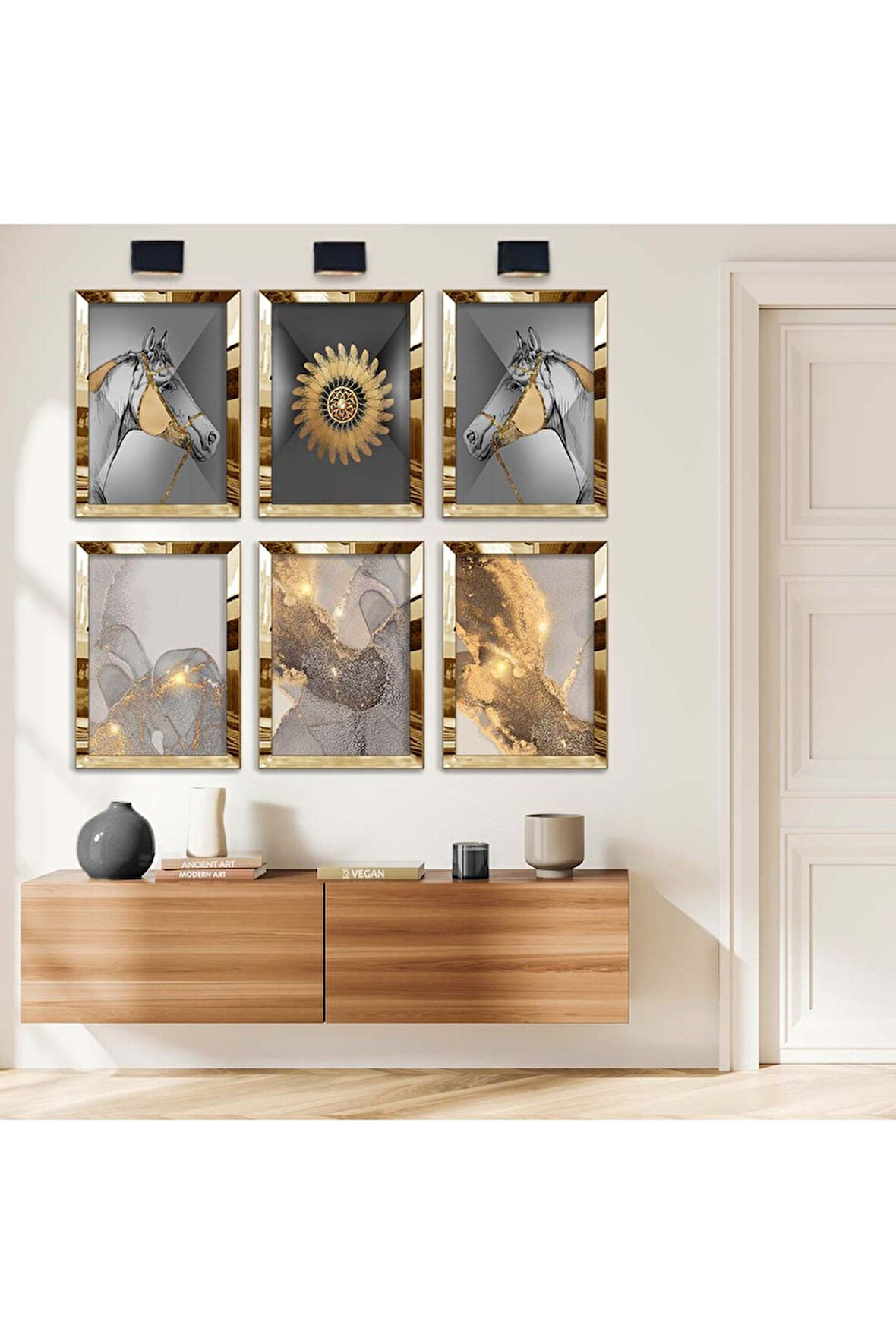 Gümüş Aynalı Pleksi Çerçeveli Modern Çizim At Figür Altılı Mdf Tablo Seti