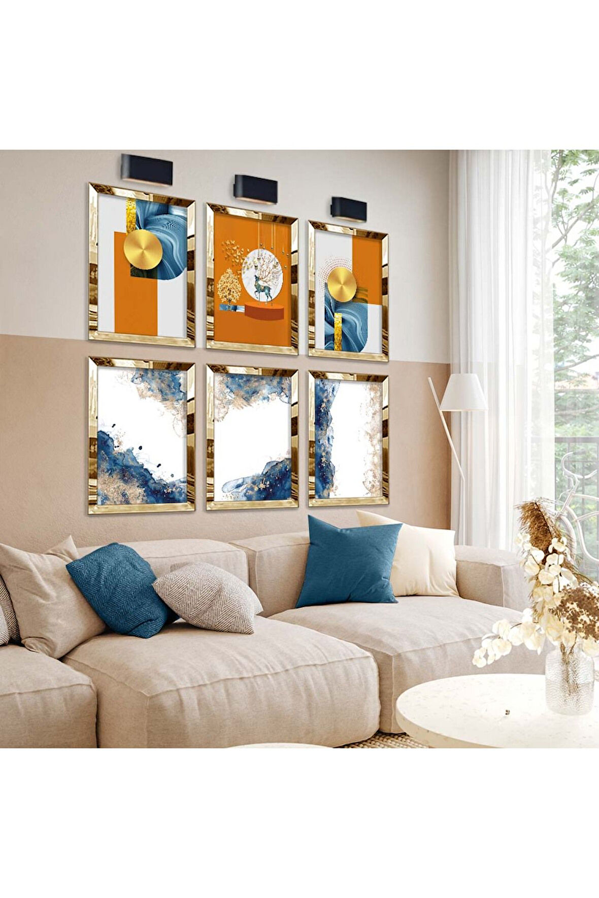 Gold Aynalı Pleksi Çerçeveli Modern Çizim Soyut Tema Altılı Mdf Tablo Seti