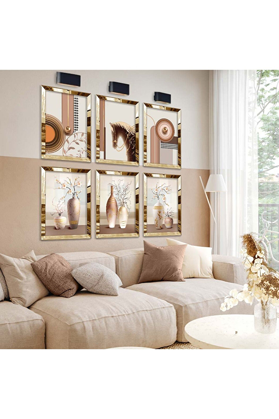 Gold Aynalı Pleksi Çerçeveli Vazodaki Çiçekler Ve At Tema Altılı Mdf Tablo Seti