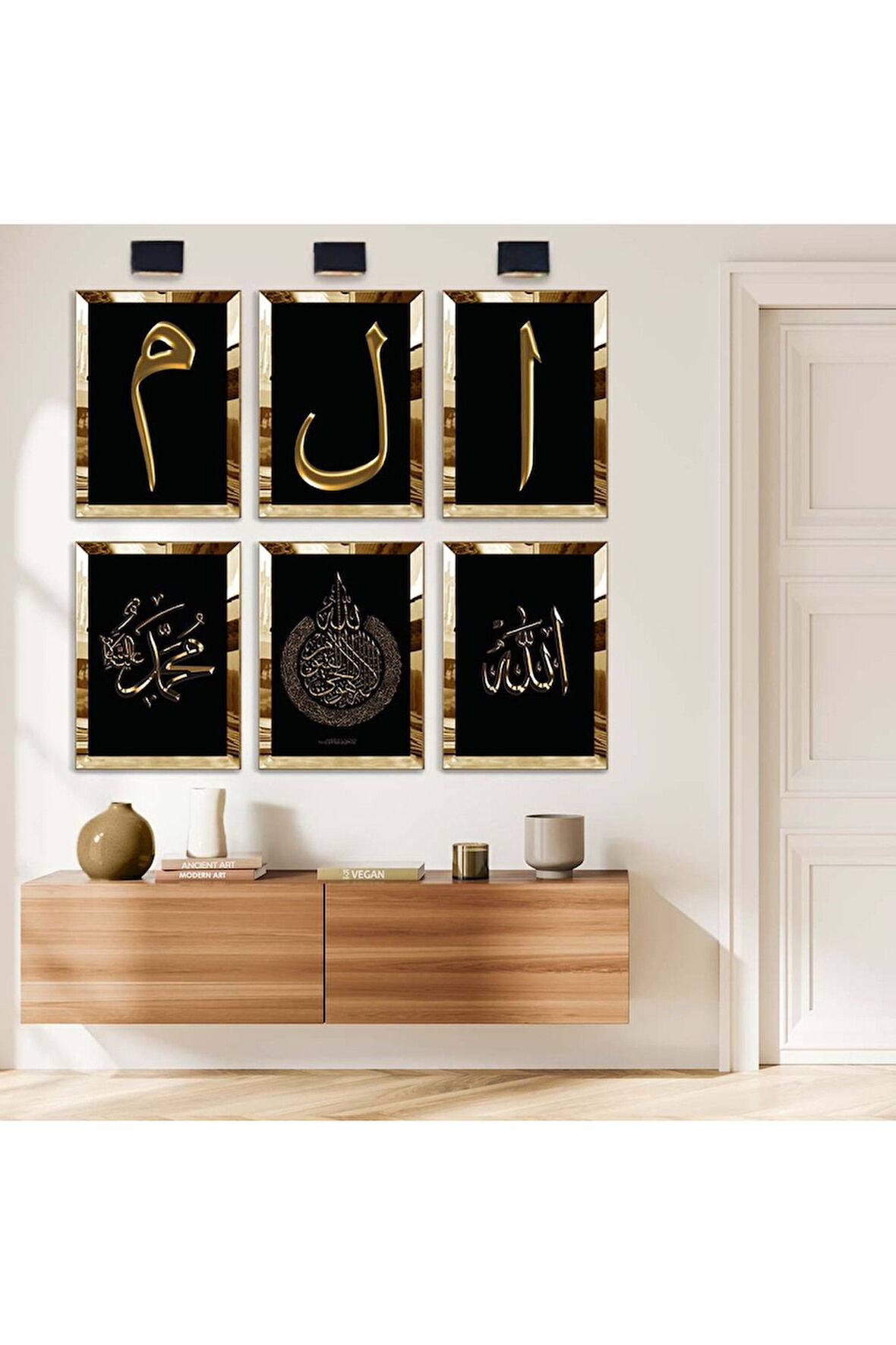 Gümüş Aynalı Pleksi Çerçeveli Elif Lam Mim Dini Model Altılı Mdf Tablo Seti