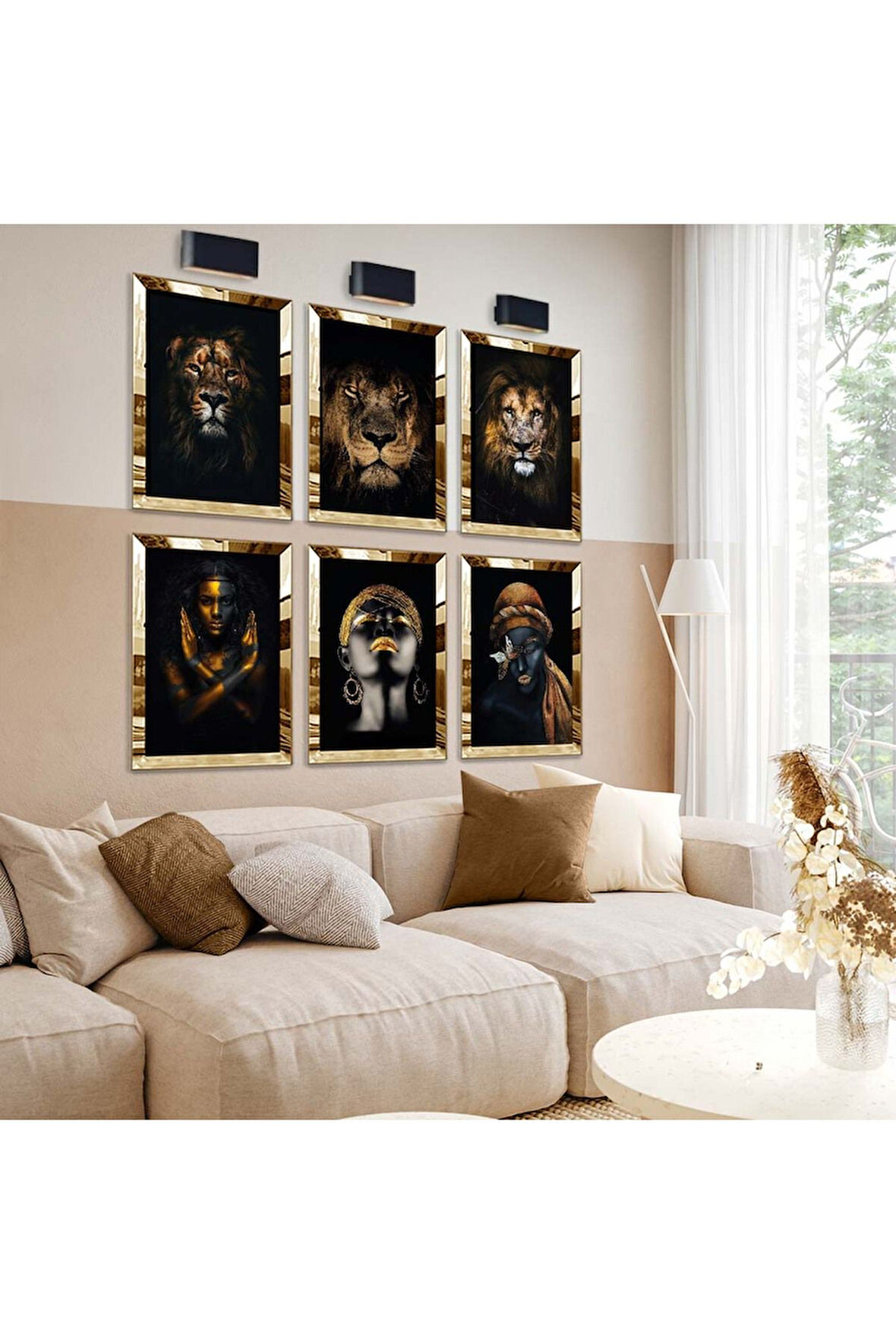 Gold Aynalı Pleksi Çerçeveli Afrikalı Kadın Ve Aslan Altılı Mdf Tablo Seti