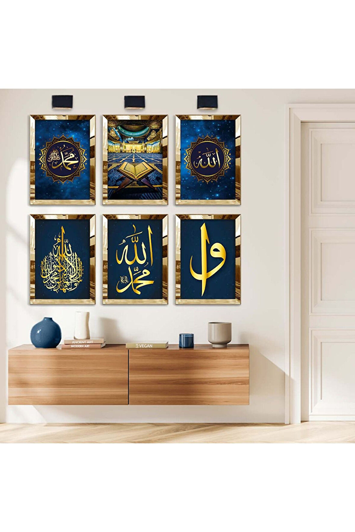 Gümüş Aynalı Pleksi Çerçeveli Allah Lafzı Ve Elif Vav Dini Model 6 'lı Altılı Mdf Tablo Seti
