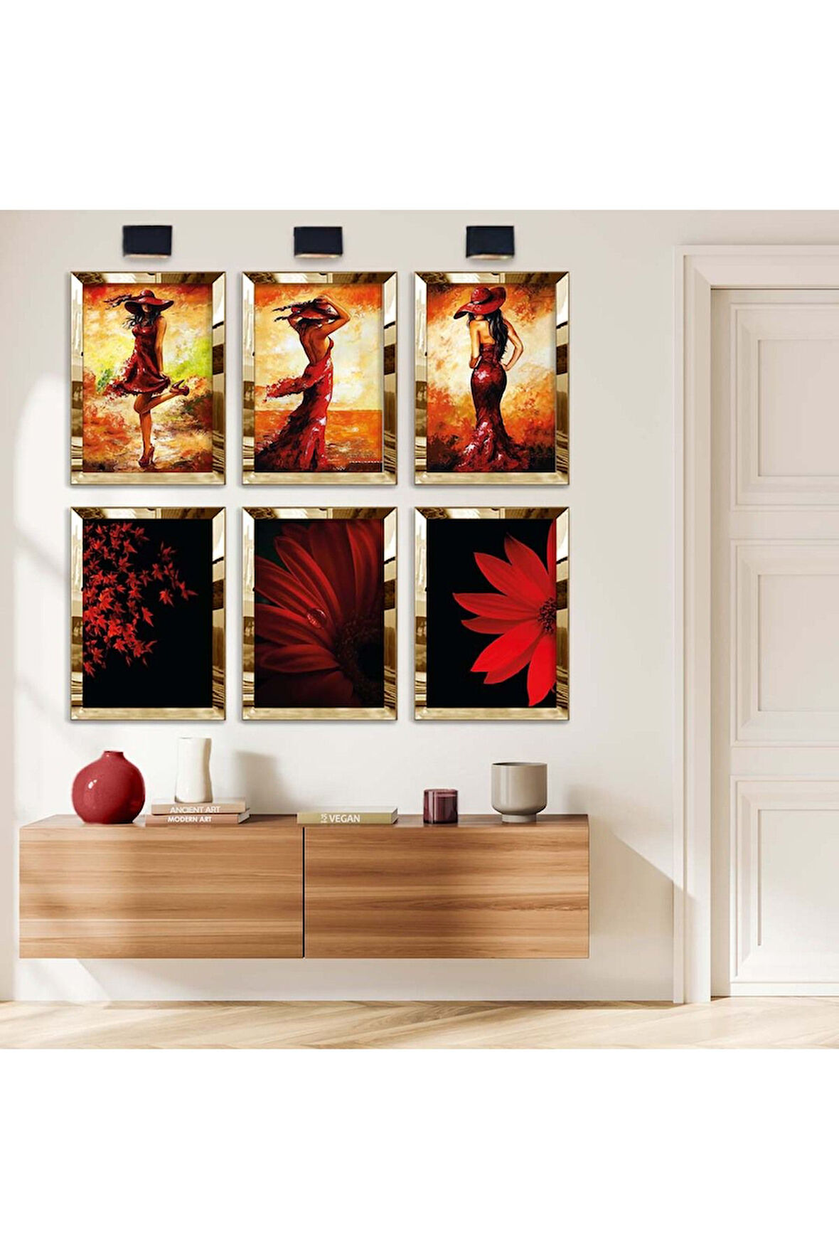 Gümüş Aynalı Pleksi Çerçeveli Kadın Dans Figür Ve Kırmızı Çiçek Altılı Mdf Tablo Seti
