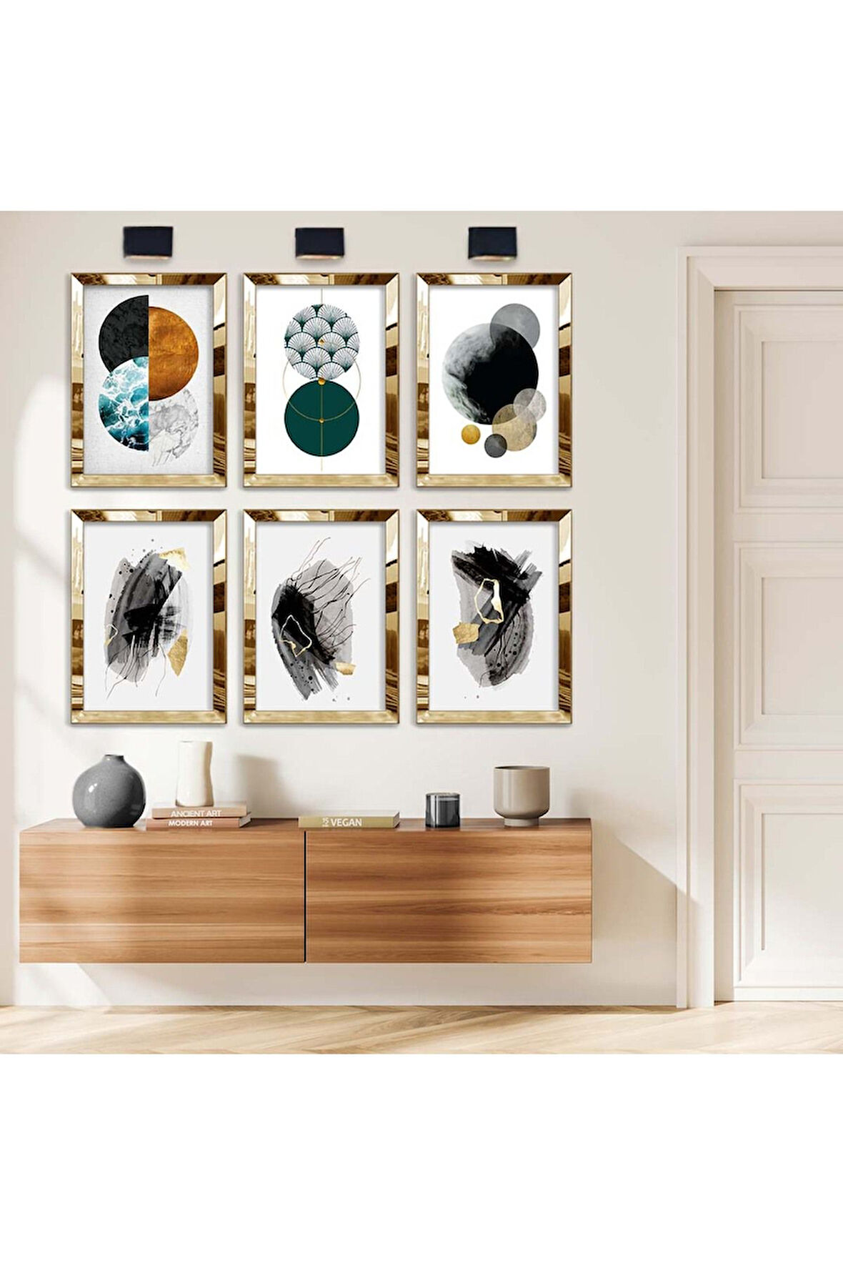 Gümüş Aynalı Pleksi Çerçeveli Geometrik Çizim Ve Soyut Tema Altılı Mdf Tablo Seti