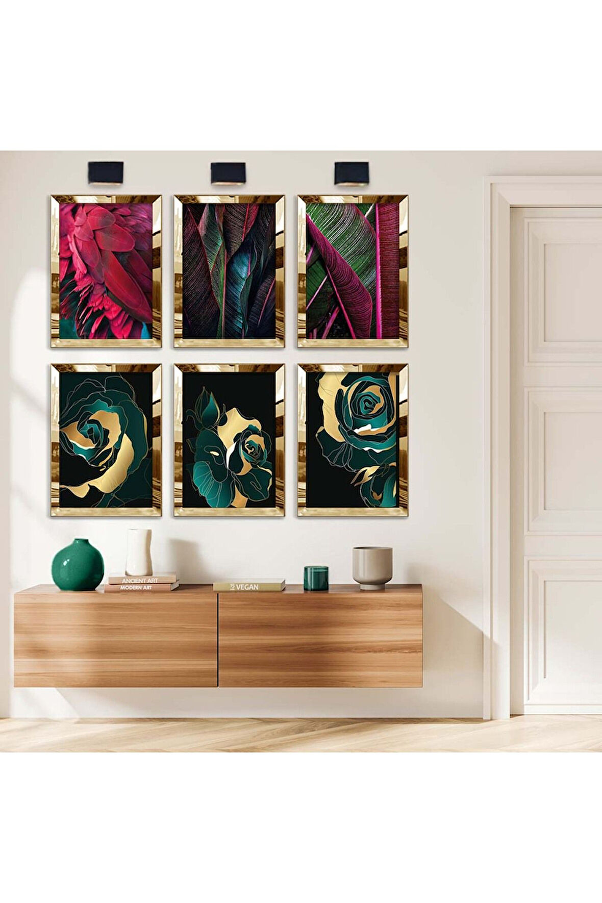 Gümüş Aynalı Pleksi Çerçeveli Gül Ve Yaprak Tema Altılı Mdf Tablo Seti