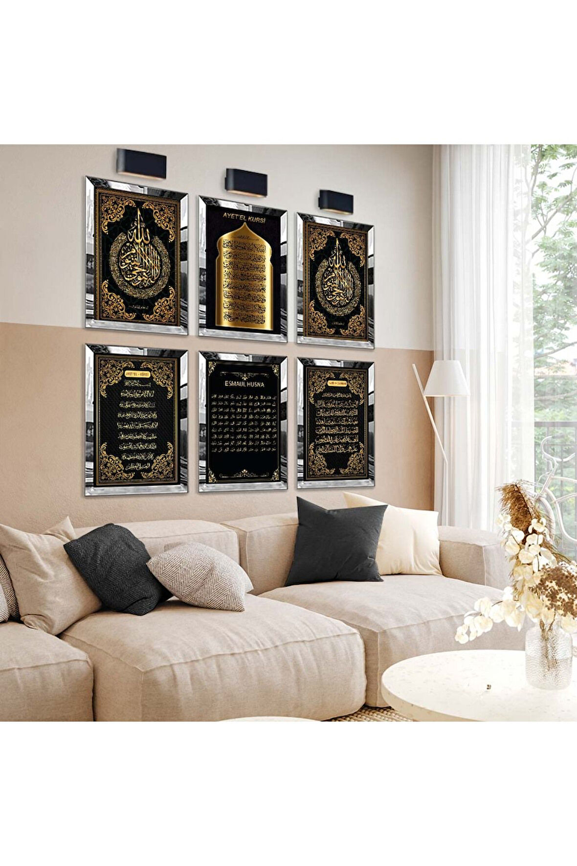 Gümüş Aynalı Pleksi Çerçeveli Ayetel Kürsi Ve Esmaül Hüsna Dini Model Altılı Mdf Tablo Seti