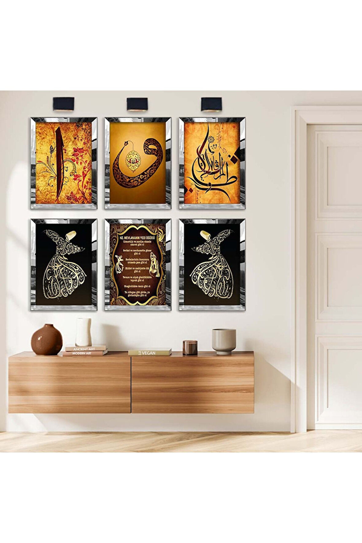 Gold Aynalı Pleksi Çerçeveli Mevlana Ve Semazen Altılı Mdf Tablo Seti