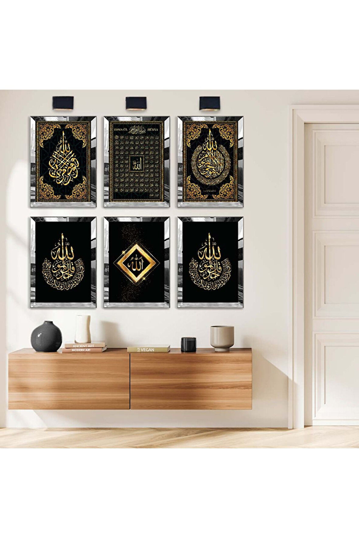 Gold Aynalı Pleksi Çerçeveli Esmaül Hüsna Dini Model Altılı Mdf Tablo Seti