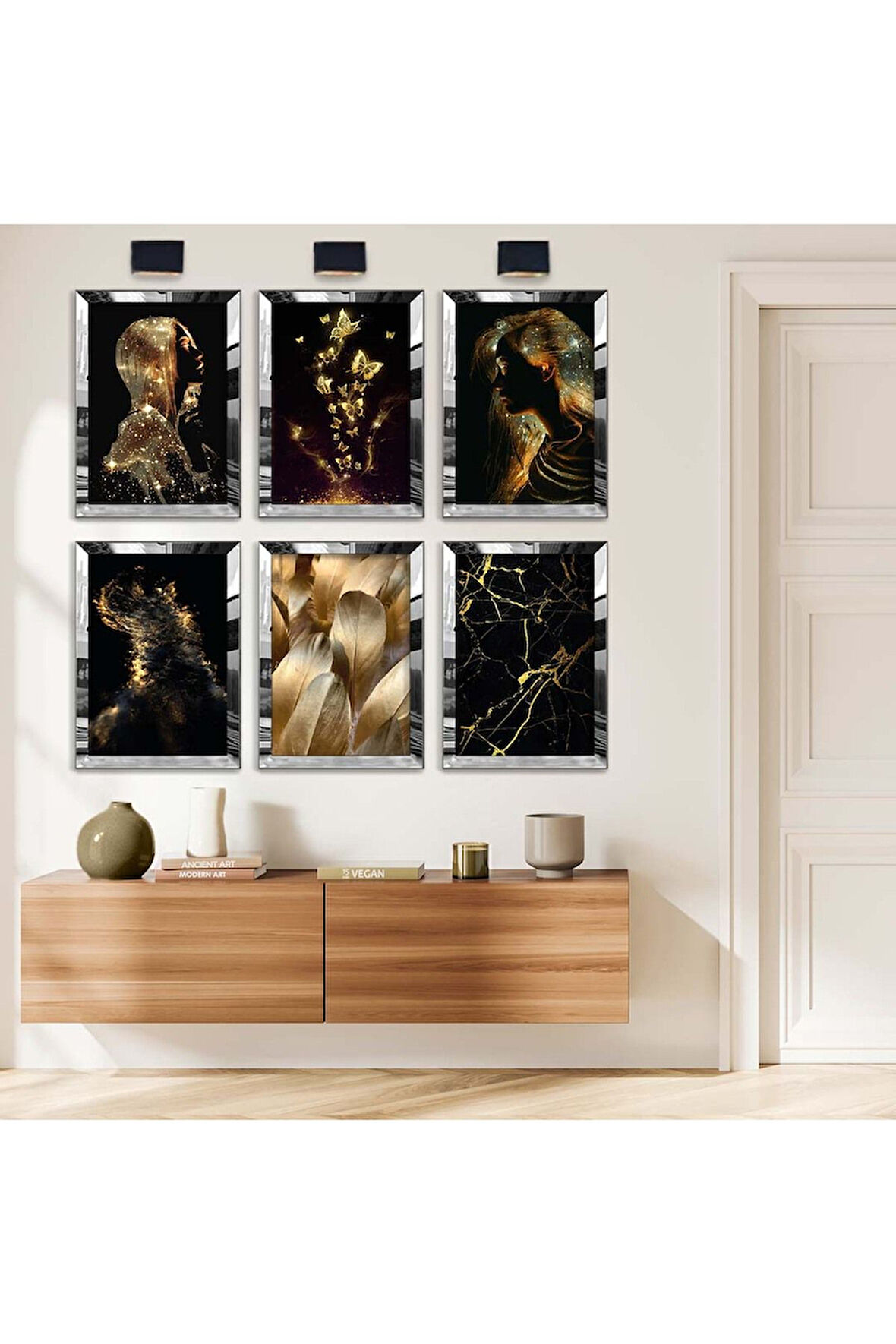 Gold Aynalı Pleksi Çerçeveli Gold Kelebek Ve Kız Altılı Mdf Tablo Seti