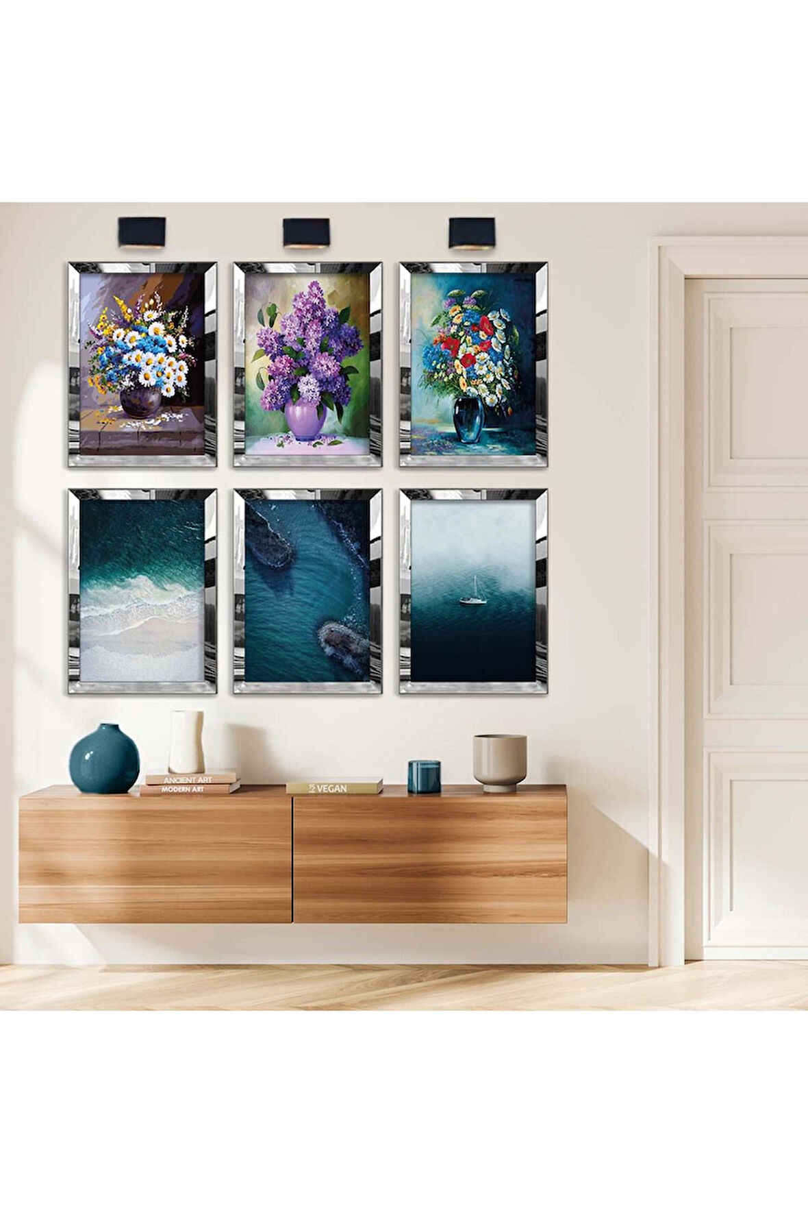 Gold Aynalı Pleksi Çerçeveli Vazoda Çiçek Altılı Mdf Tablo Seti