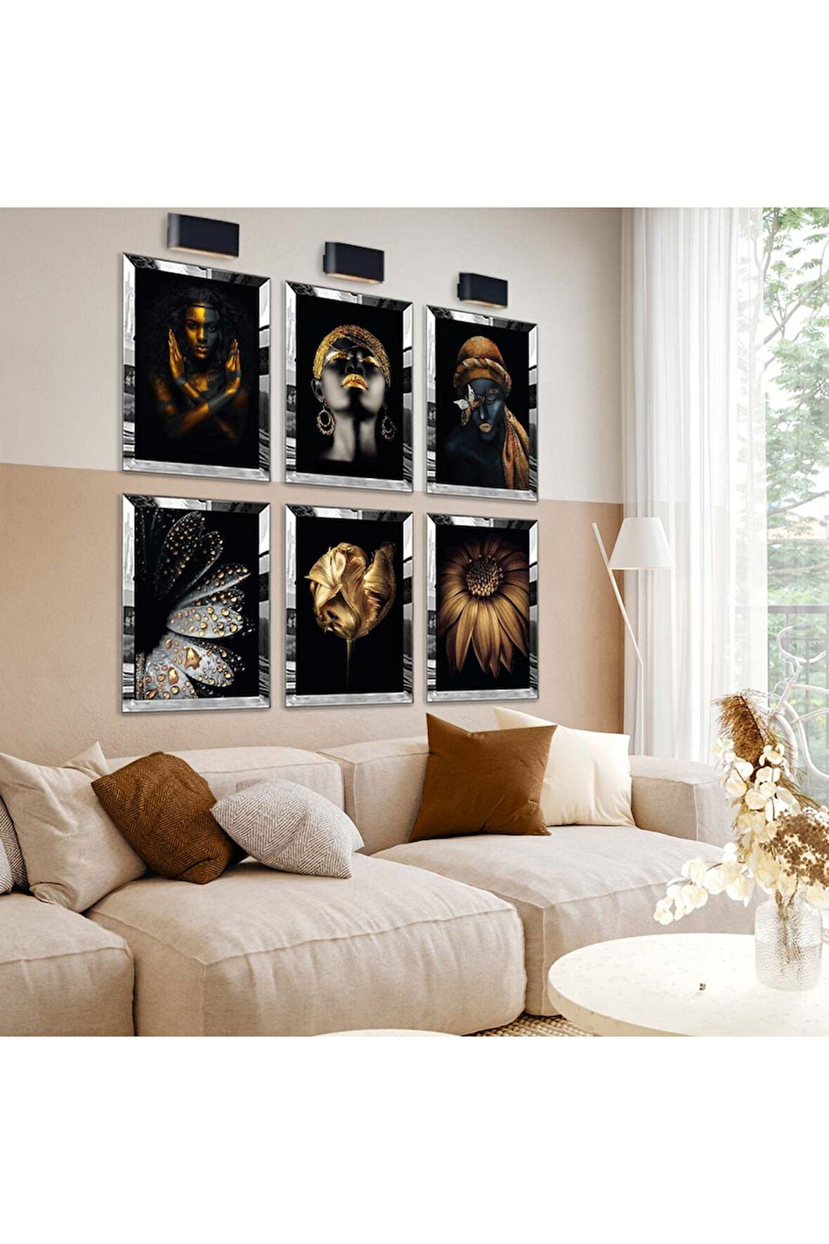 Gümüş Aynalı Pleksi Çerçeveli Afrika Kadın Altılı Mdf Tablo Seti